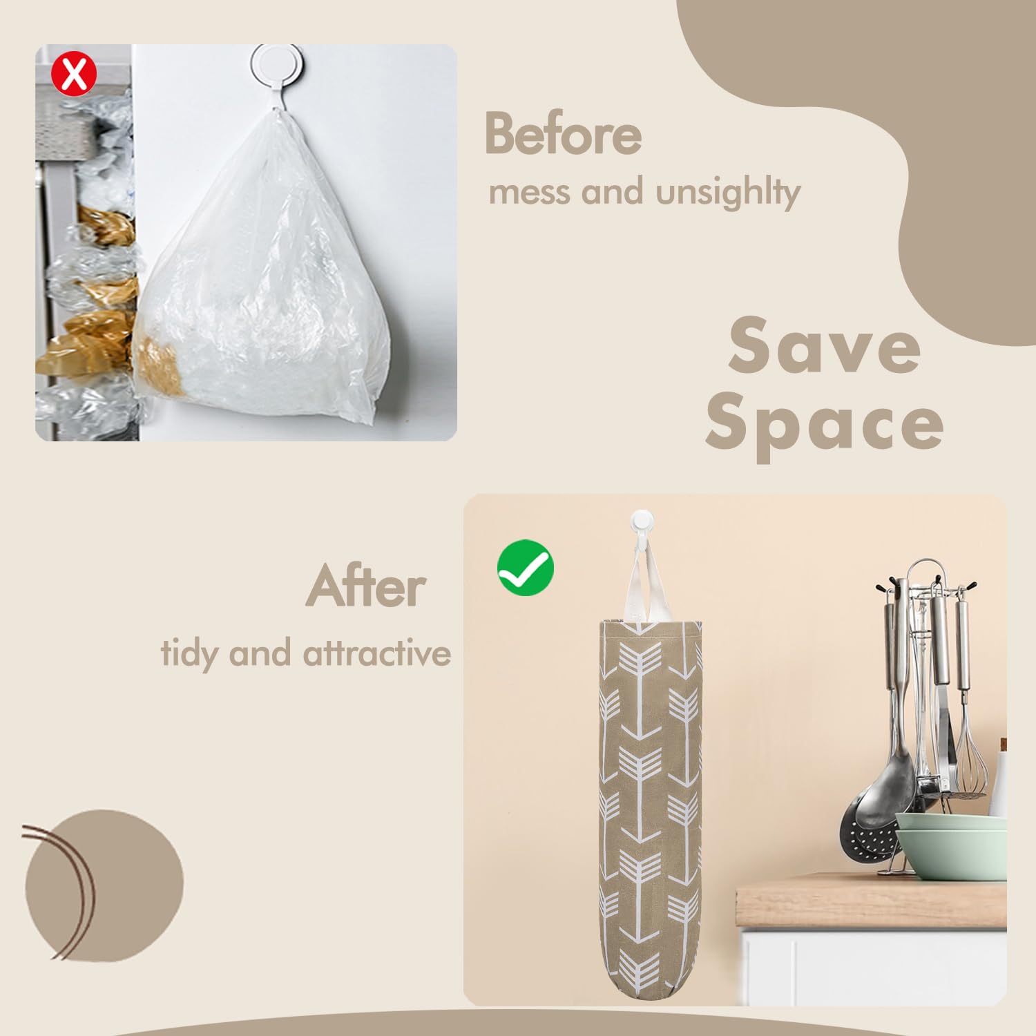 TOGETRUE Soporte para bolsas de plástico, organizador lavable para bolsas de comestibles, dispensador de almacenamiento de bolsas de basura grande para el hogar, cocina, viajes (caqui)