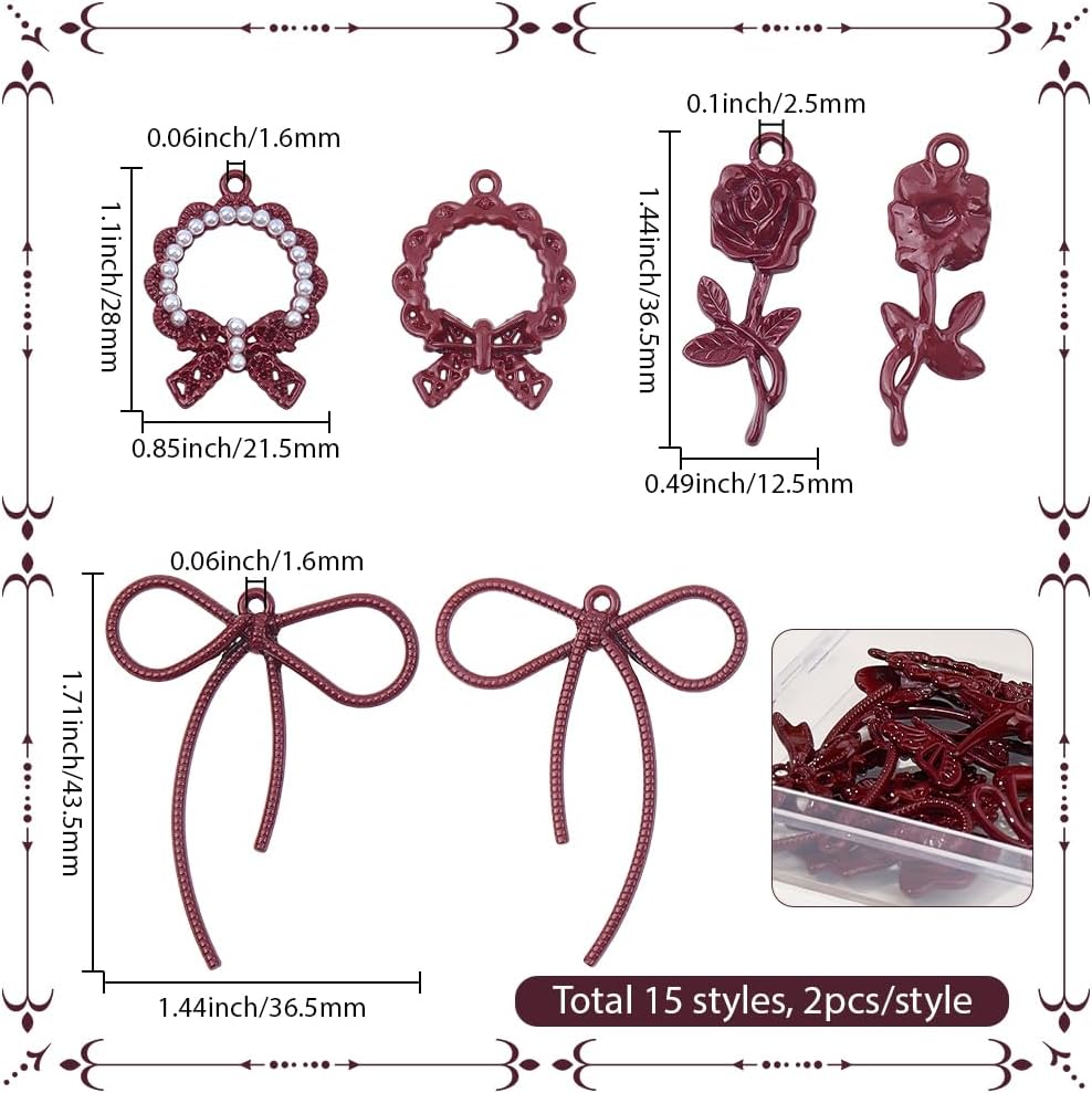 SUNNYCLUE 30Pcs 15 Styles Bow Heart Charm Red Gothic Charms Bulk Metal Alloy Coquette Bowkont Rose Flower Butterfly Star Shell Pendants for Jewelry Making Necklace Earrings DIY Crafts Accessories - Image 2