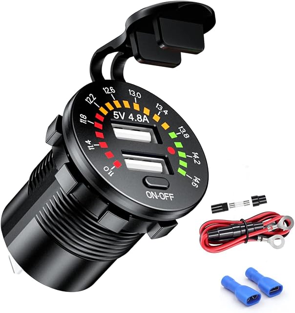 iMESTOU 12V Car USB Outlet Charger 4.8A Dual USB Port Socket Waterproof with Voltemeter & Switch ON/OFF for Marine, Boat, Motorcycle, Golf Cart, Truck and More