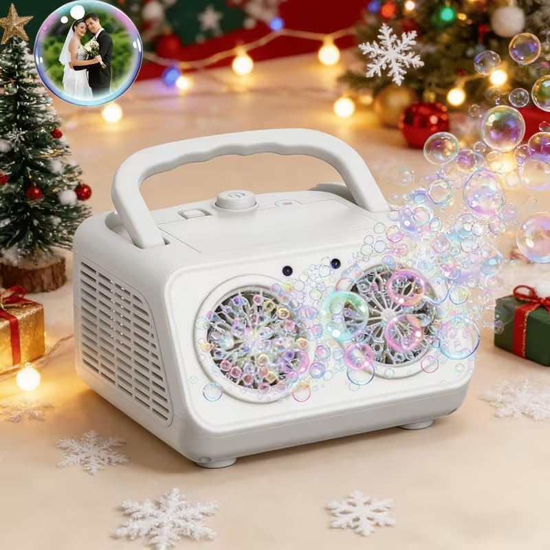 Automatic Bubble Machine, Dual Fan High Output Bubble Maker, 20000+ Bubbles Per Minute, Dual Power Supply (Battery/USB) Portable Bubble Blower for Wedding, Birthday Party, Outdoor Activities (White)