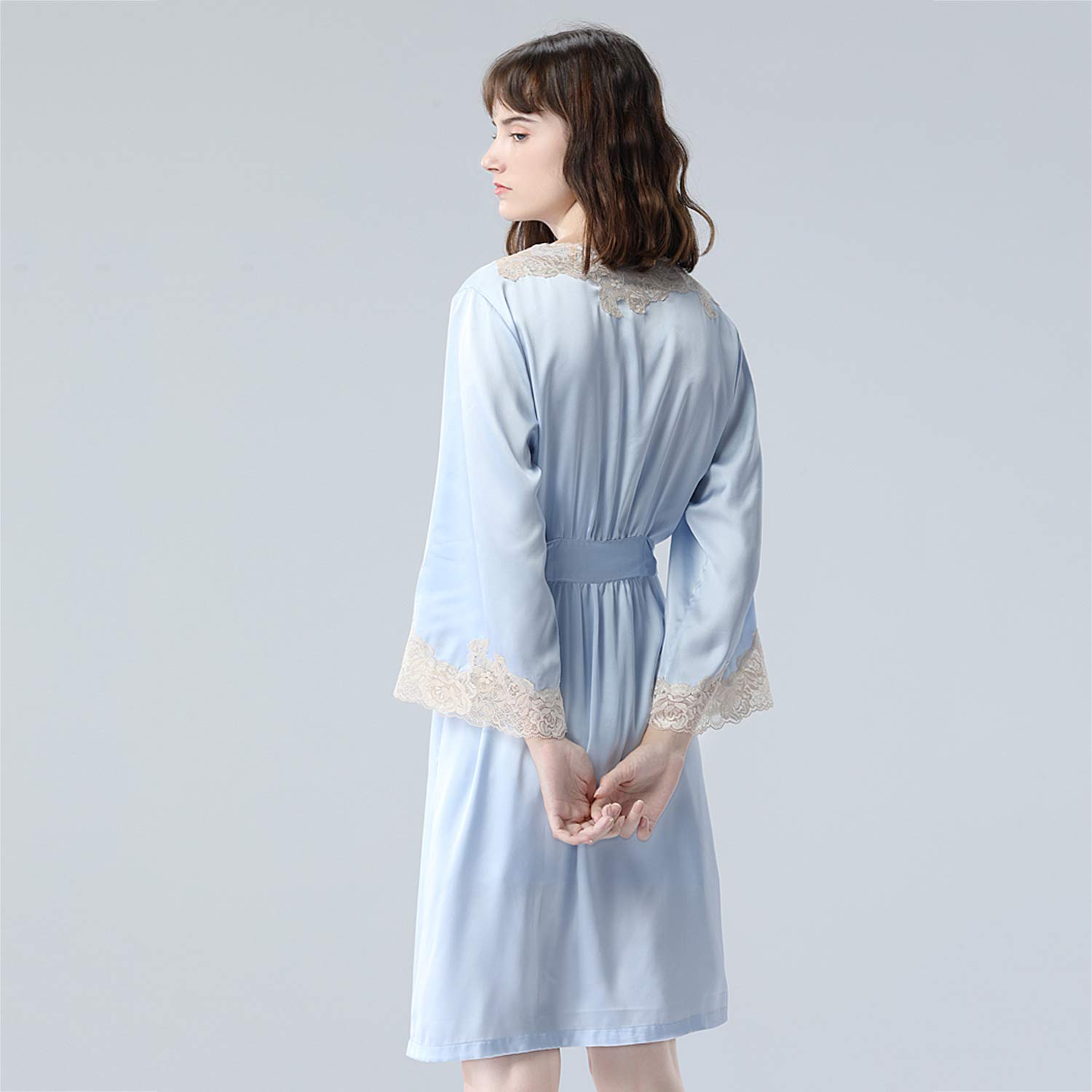 Traje De Kimono De Encaje Azul, Bata Satinada, Pijamas Sueltos con Bata De Baño Y Ropa De Dormir De Verano M