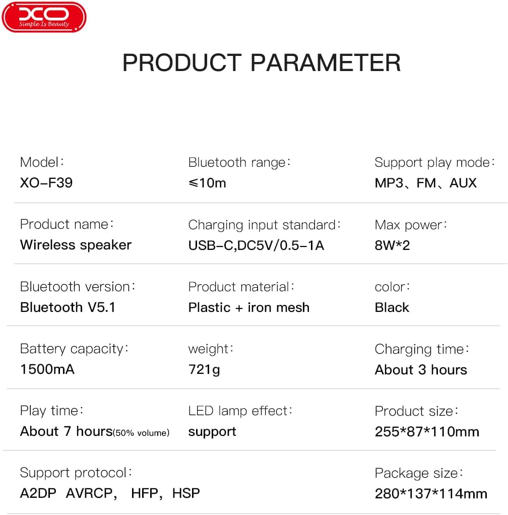 XO F39 speaker with dimensions labeled