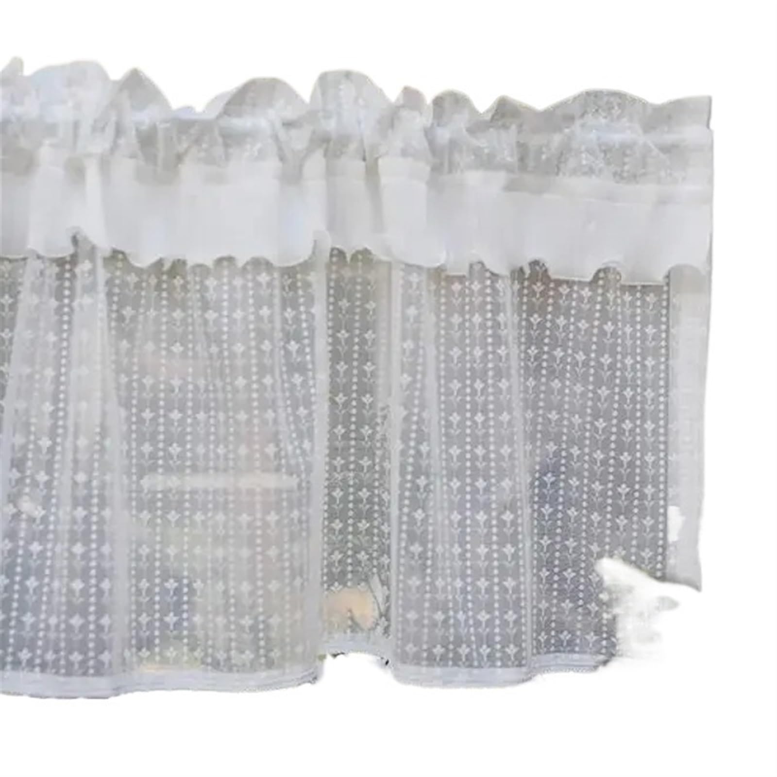 Cortinas cortas con pompones de doble capa en encaje blanco traslúcido para puerta y ventana