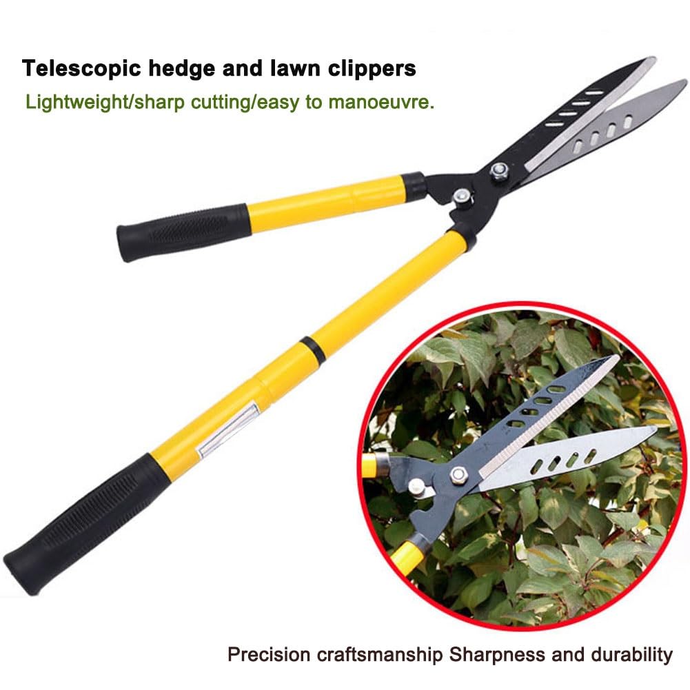 Einziehbare Heckenschere mit geraden Klingen, Astschere 57-73 cm, manuelle Heckenschere mit geraden Stahlklingen und leichten Griffen zum Schneiden von Rabatten, Ziersträuchern(Yellow)