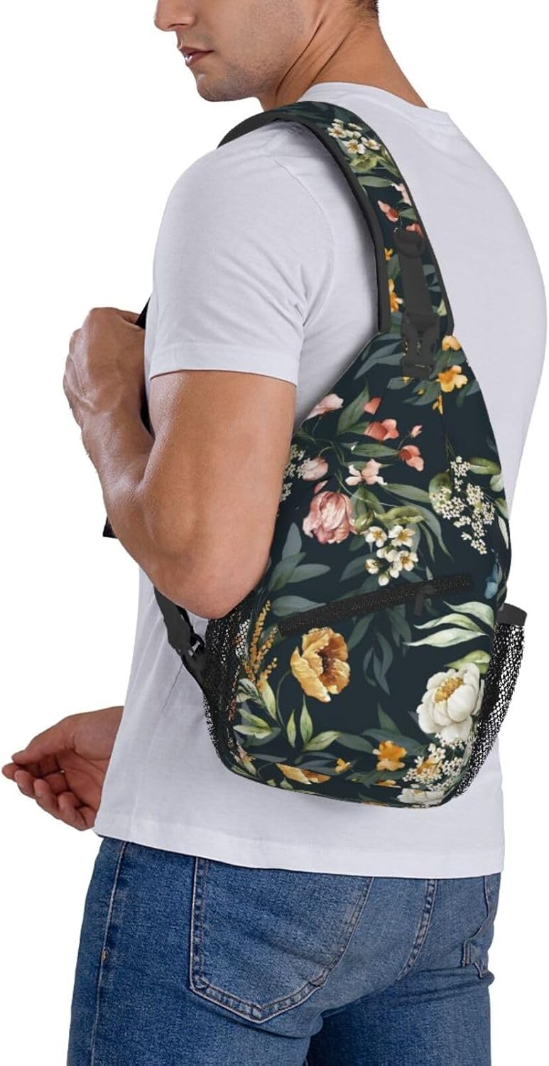 Floral Crossbody Sling Bag for Women Men Watercolor Pink Blush Flower Green Leaves Branches Travel Sling Backpack Casual Chest Shoulder Bag Colorful Flower Print Gym Sports Hiking Daypack - Image 7