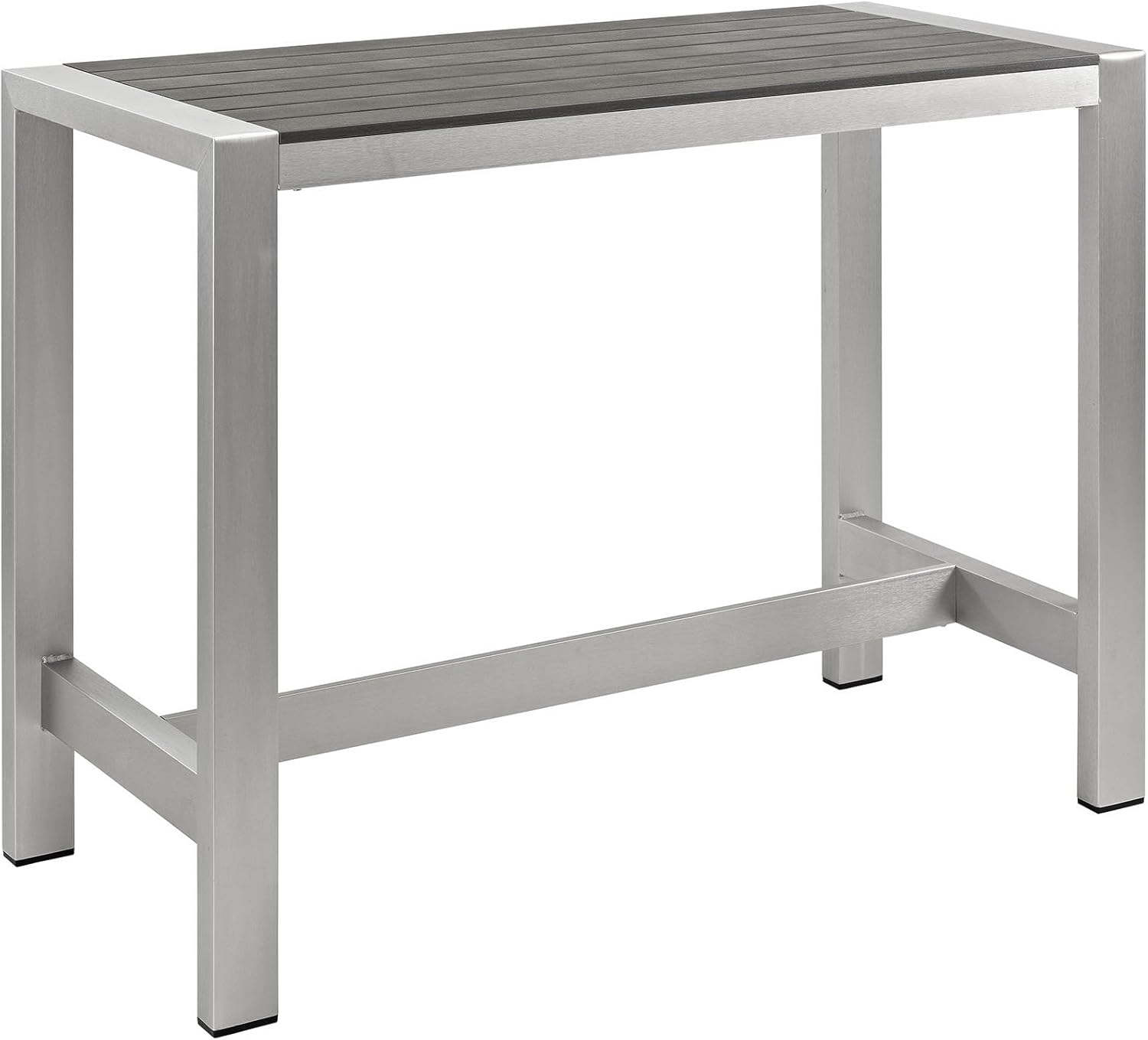 Pemberly Row Outdoor Patio Bar Table, 43.5 in H x 27.5 in W x 59.5 in D, Wood and Anodized Aluminum, Silver/Gray Finish, Durable Minimalist Design, Outdoor Use, Backyard or Patio Dining Table