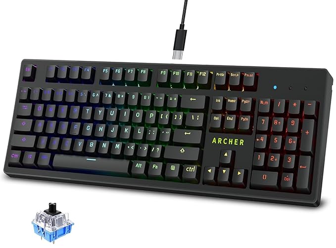 Archer Tech Lab Mechanical Gaming Keyboard, Clicky JERRZI Blue Switches, Full Anti-Ghosting Keys, 21 RGB Modes LED Backlit & Music Visualizer, Braided USB-C Cable, PC/Mac/Linux – Software Customizable