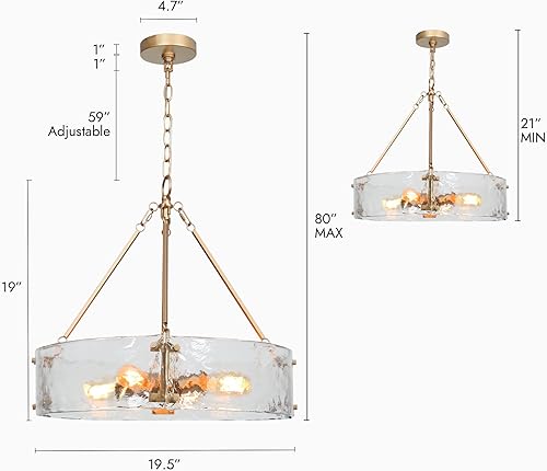 Miniatura 6 de ZEVNI Candelabro dorado, lámpara moderna de 4 luces, lámpara de araña de tambor de vidrio de 19.5 pulgadas de diámetro para comedor, vestíbulo,