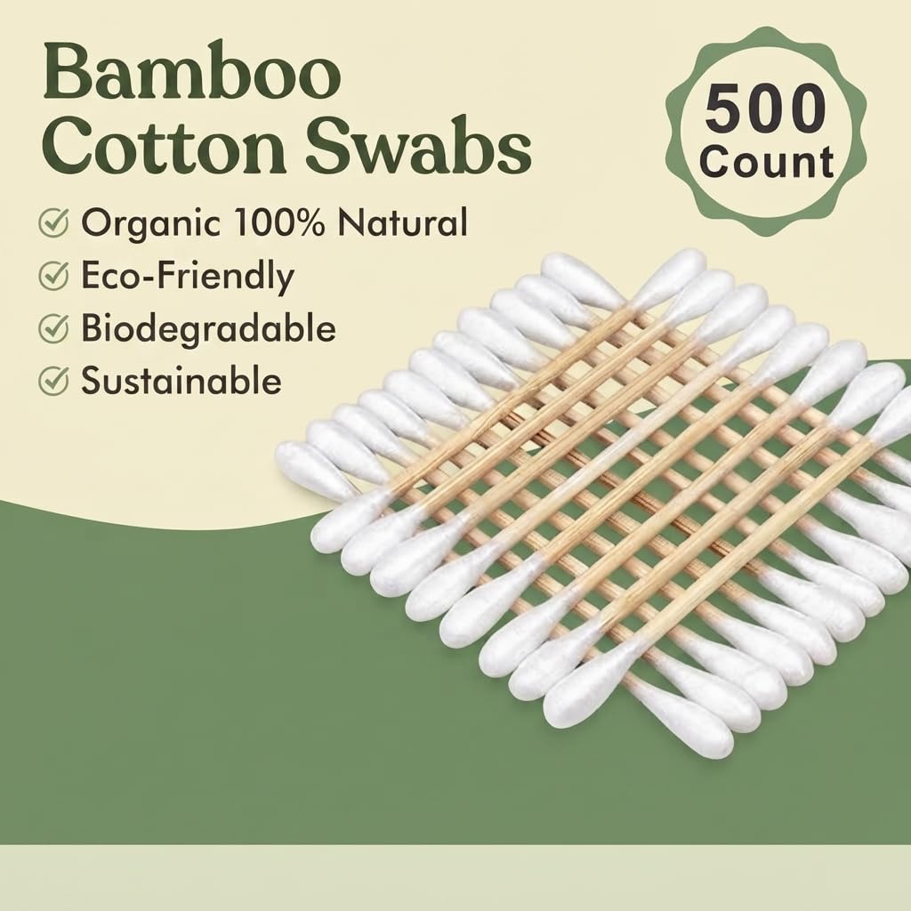 Bamboo Cotton Swabs 500 Count – Eco Friendly Biodegradable Cotton Swabs, Double Tip Soft Cotton, Strong Wooden Sticks for Ear Cleaning, Makeup Removal, Nail Art & Crafts