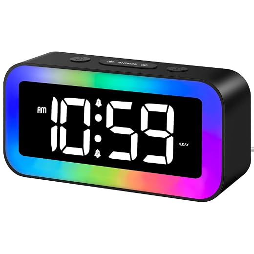 MOSUO Digital Digital Alarm Clock Child with RGB Light, Digital Clock with 2 Alarm Clocks for Children and Deep Sleepers, LED Digital Table Clock with Voice Control Function, Snooze, Brightness Dimmer, 12/24 Hours