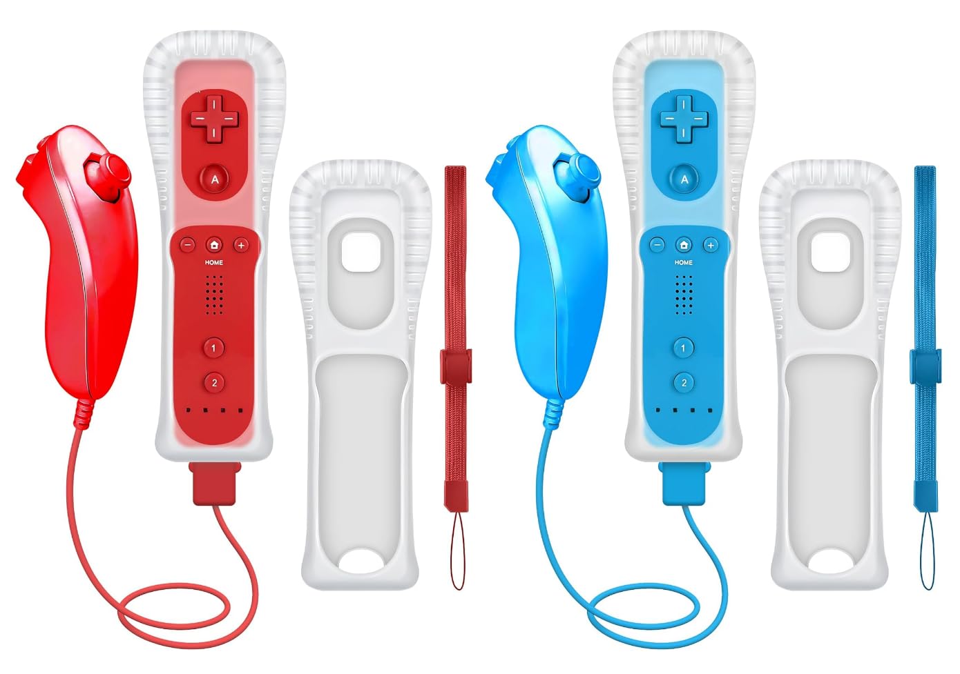 CLVIZCXOM 2 set telecomando Fit per Wii/Wii U con MotionPlus (rosso e blu) | 2 telecomandi + 2 nunchuk + 2 custodie + 2 cinghie, compatibile con console Nintendo