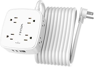 20 Ft Surge Protector Power Strip - 8 Widely Outlets with 4 USB Ports, 3 Side Outlet Extender with 20 Feet Extension Cord, Flat Plug, Wall Mount, Desk USB Charging Station, ETL, White