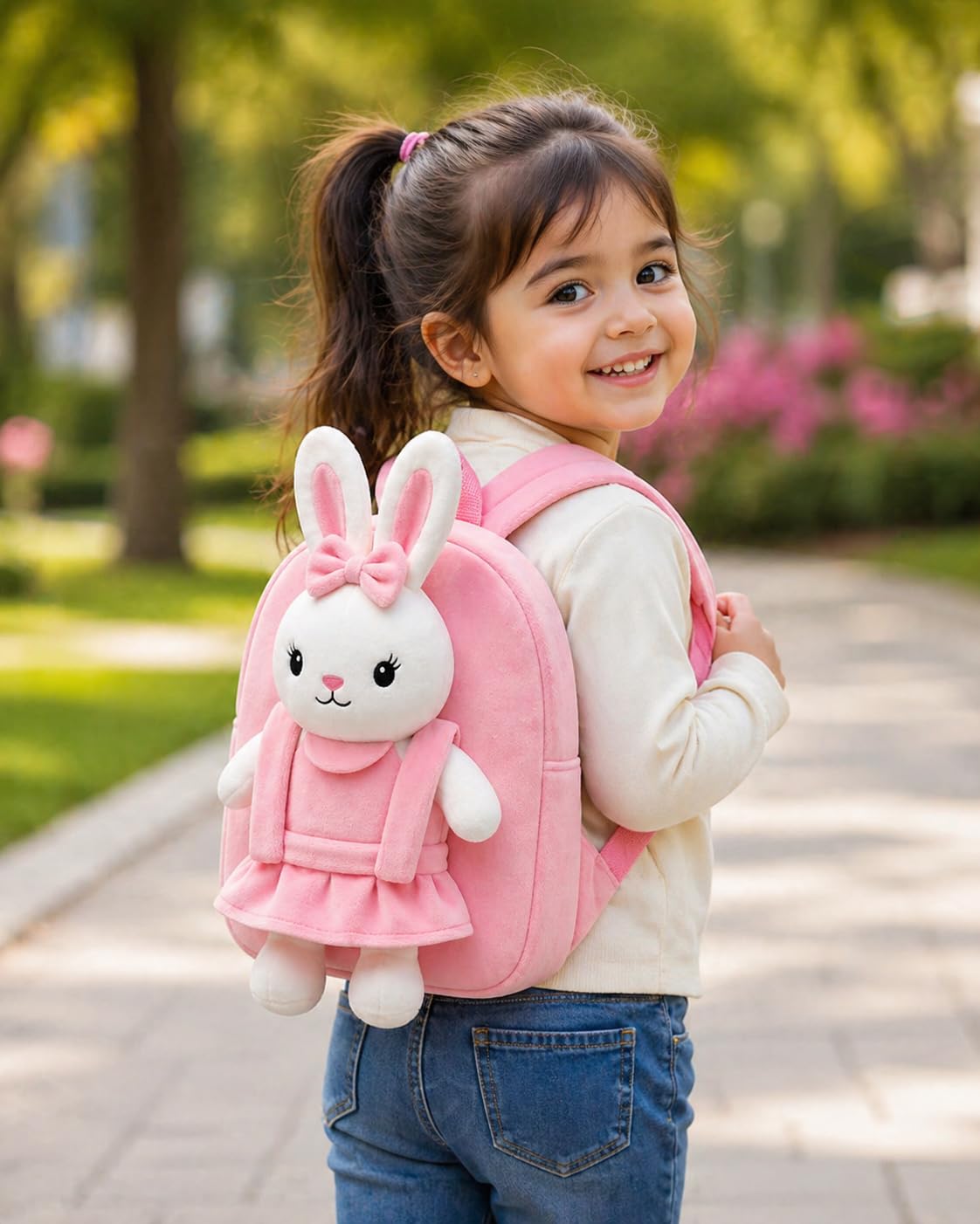 LUXIVA Cute Bunny Plush Backpack for Kids (2–5 Years) | Soft Toy School Bag for Boys & Girls | Lightweight Nursery Travel Backpack | Mini Toddler Bag with Zipper Pocket 1