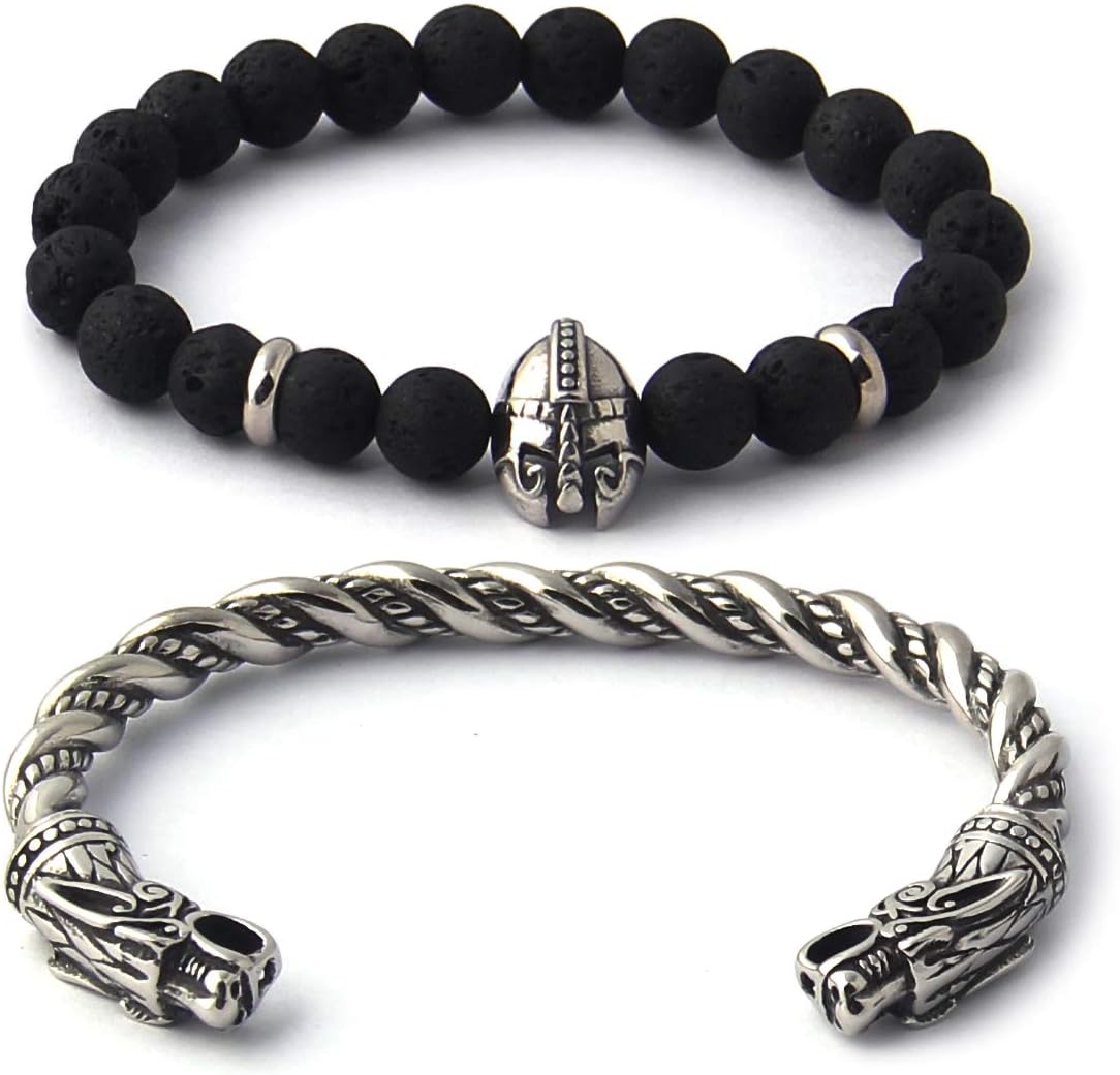 BAVIPOWER Handcrafted Wolf Heads Bangle Adjustable Stainless Steel Norse Scandinavian Bracelet Authentic Viking Jewelry