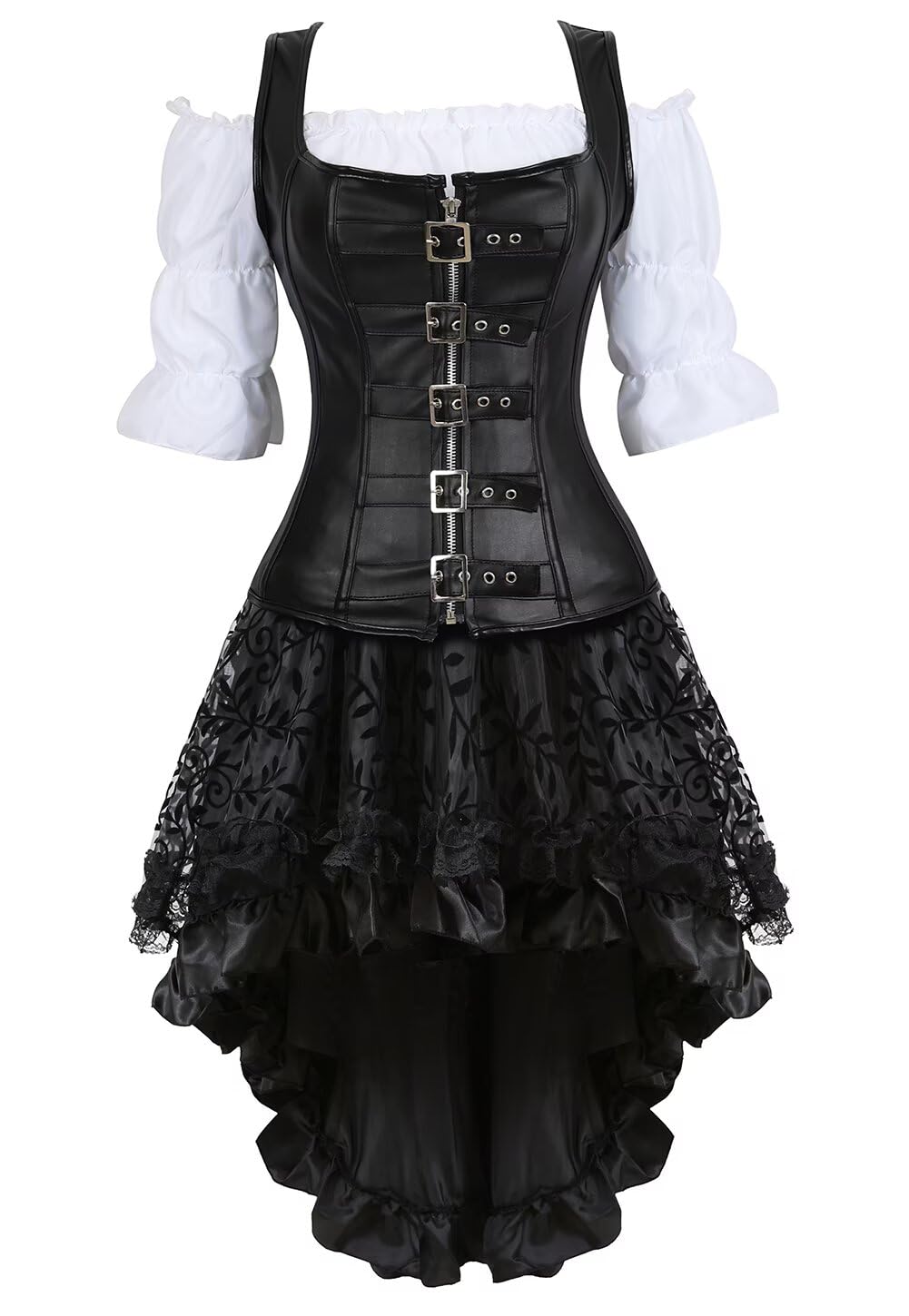 jutrisujo Korsett Steampunk Corsage 3-teiliges Set Corsagenkleid Piraten Kostüm mit Spitzenrock und Bluse für Halloween
