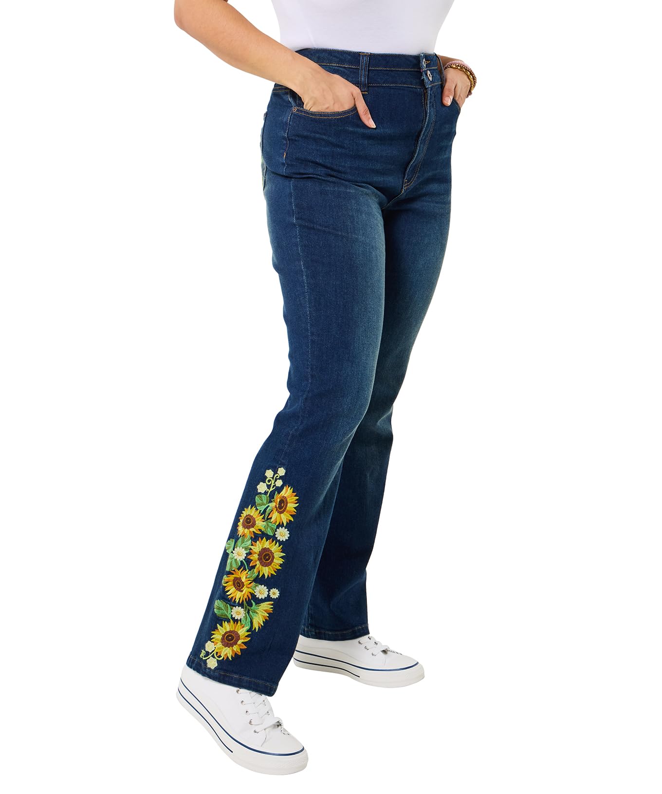 Joe Browns Women's Sunflower Embroidered Flared Jeans, Regular, Blue, UK 14R