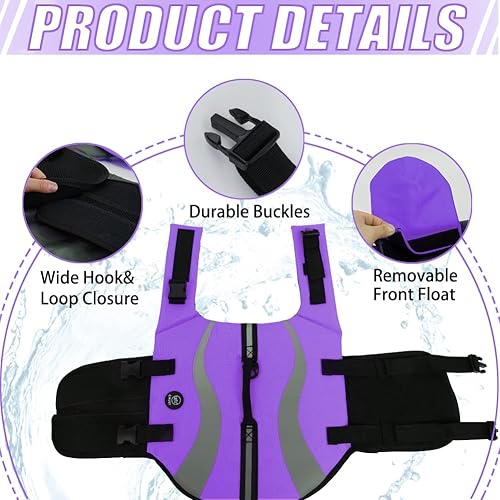 Miniatura 3 de EMUST Chalecos salvavidas ajustables para perros con flotador frontal, chalecos salvavidas de alta visibilidad para perros, chaleco salvavidas de