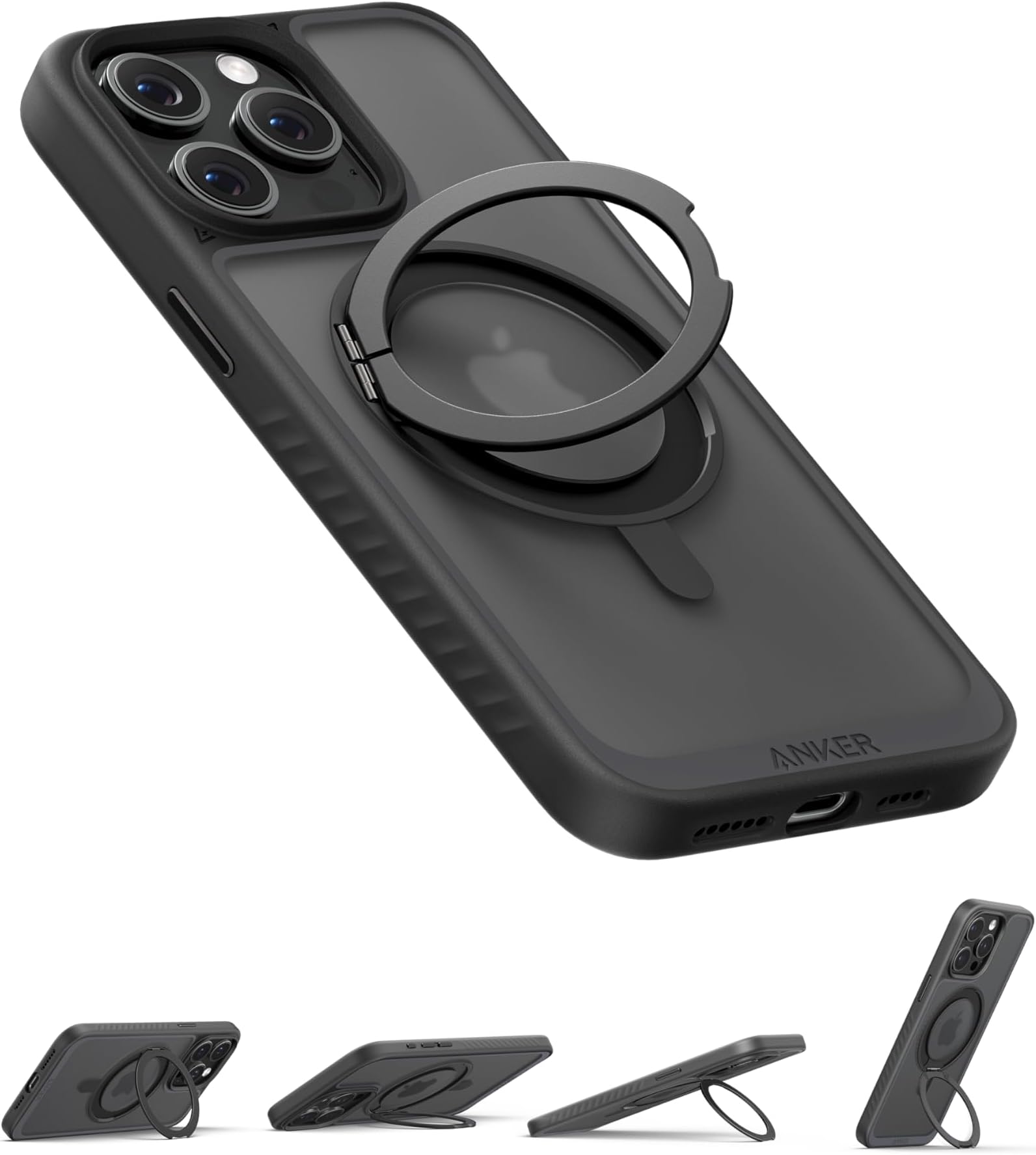 Anker iPhone 15 Pro Max Case, Magnetic & Stand, Black, Silicone, 360° Stand, Drop Protection