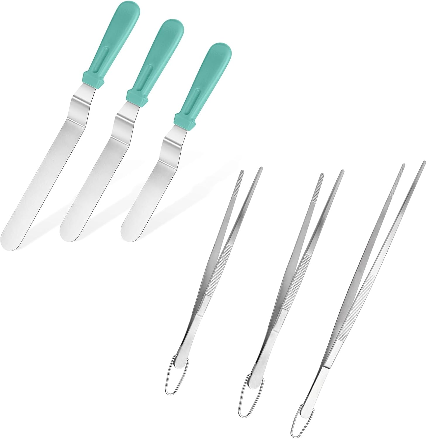 Icing Spatula, U-Taste Stainless Steel Angled Cake Decorating Frosting Spatula Set of 3 (Aqua Sky), and 8"+10"+12" Kitchen Cooking Tweezer: 18/8 Stainless Steel Metal Food Tong (Pointed Tip)
