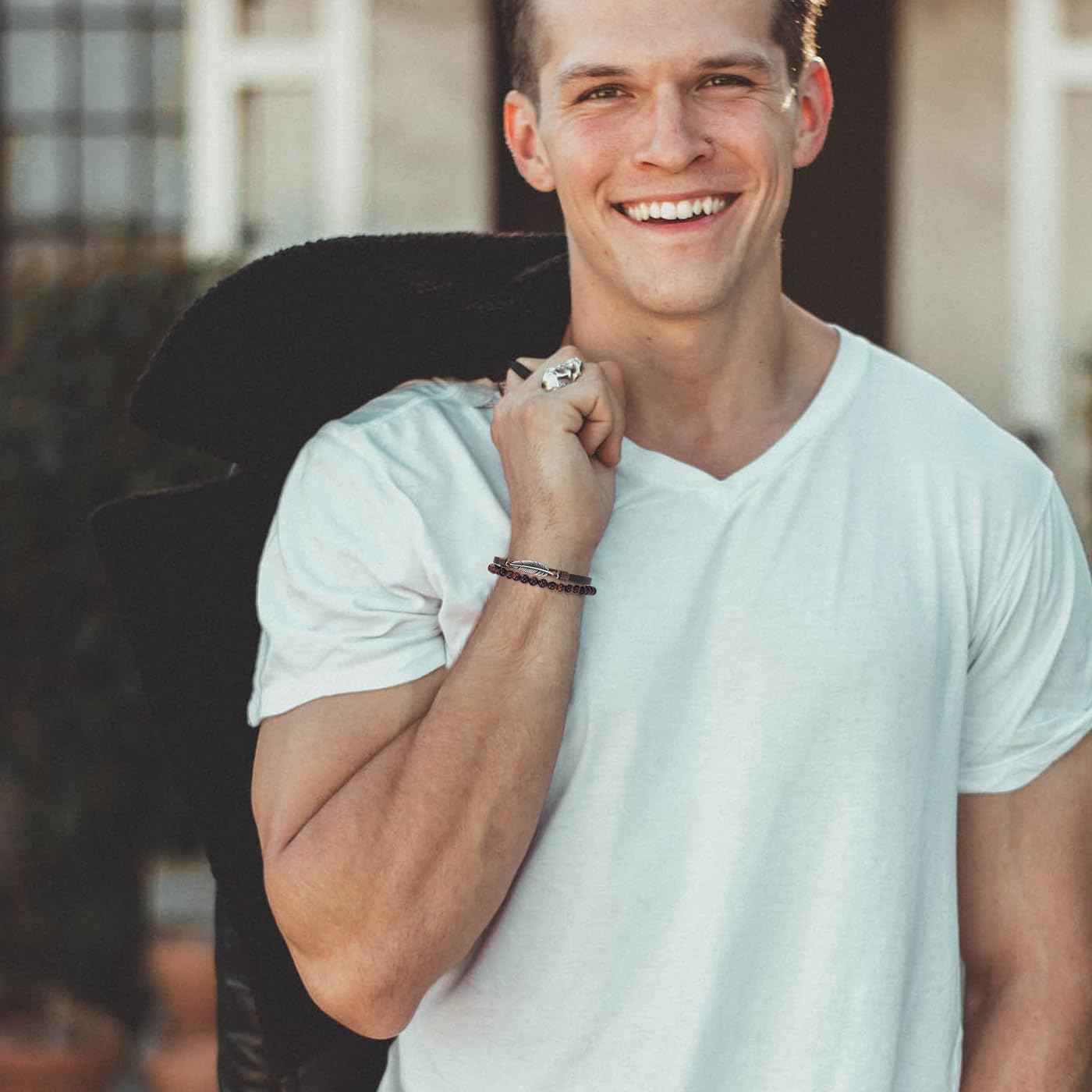 Zysta Leather Bracelet for Men Double Layered Genuine Leather Beaded Bracelet Tiger Eye Lava Rock Stone Braided Leather Cuff Bracelet with Stainless Steel Clasp Mens Wristband Bangle - Image 7