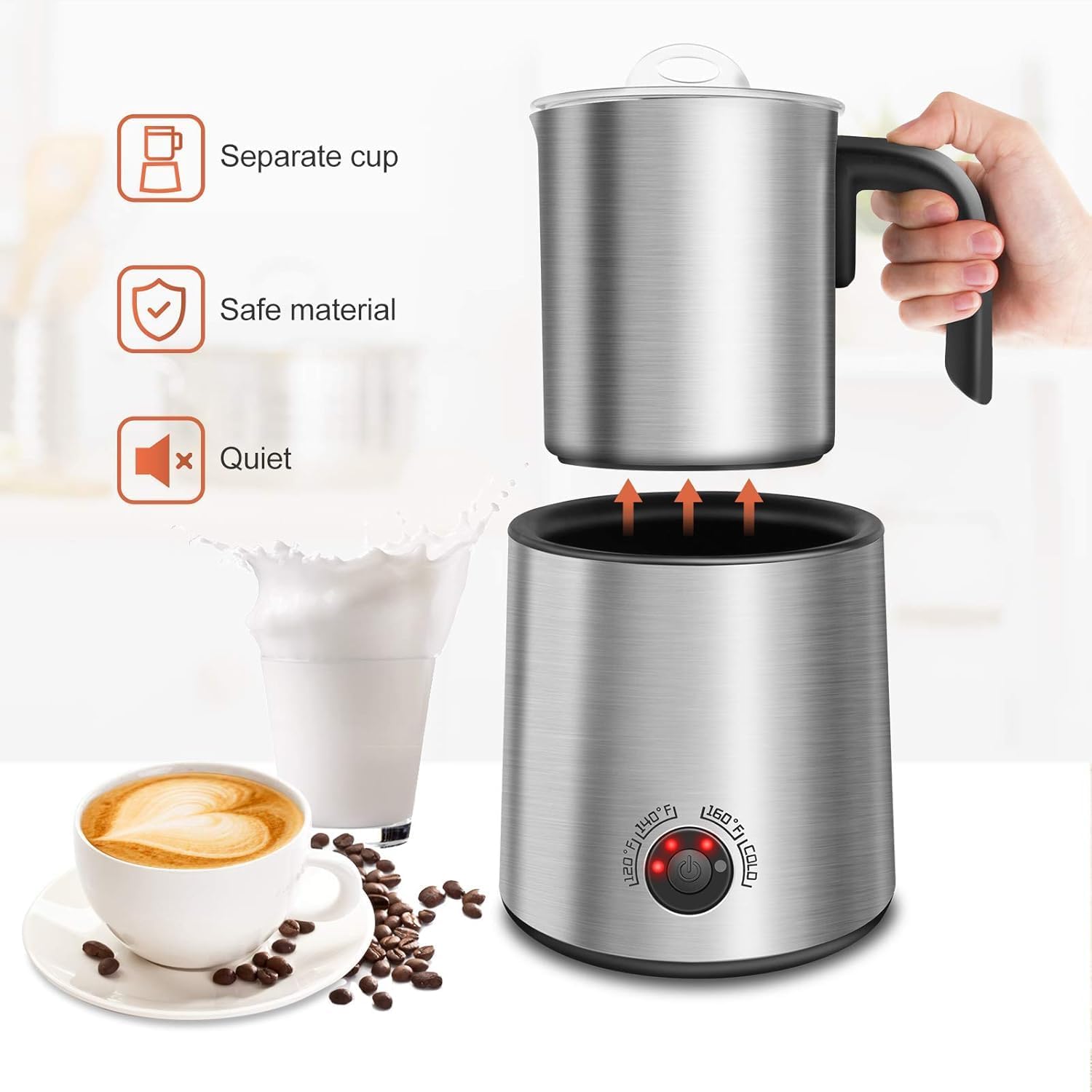 NWOUIIAY Electric Milk Frother with its separate cup lifted from the base, highlighting safe material and quiet operation.
