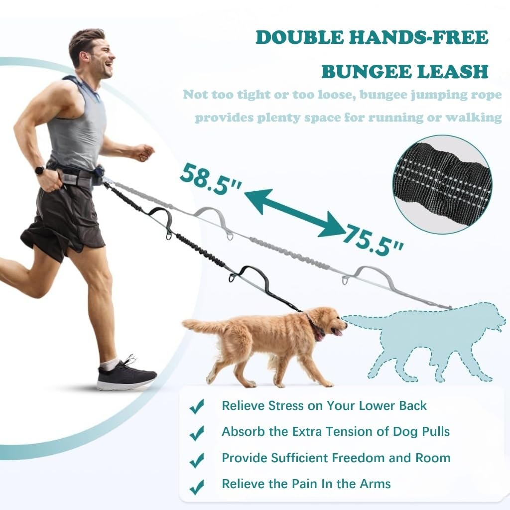 Hands free dog leash with pouch, double for two dogs retractable leash with double padded handles - Image 2
