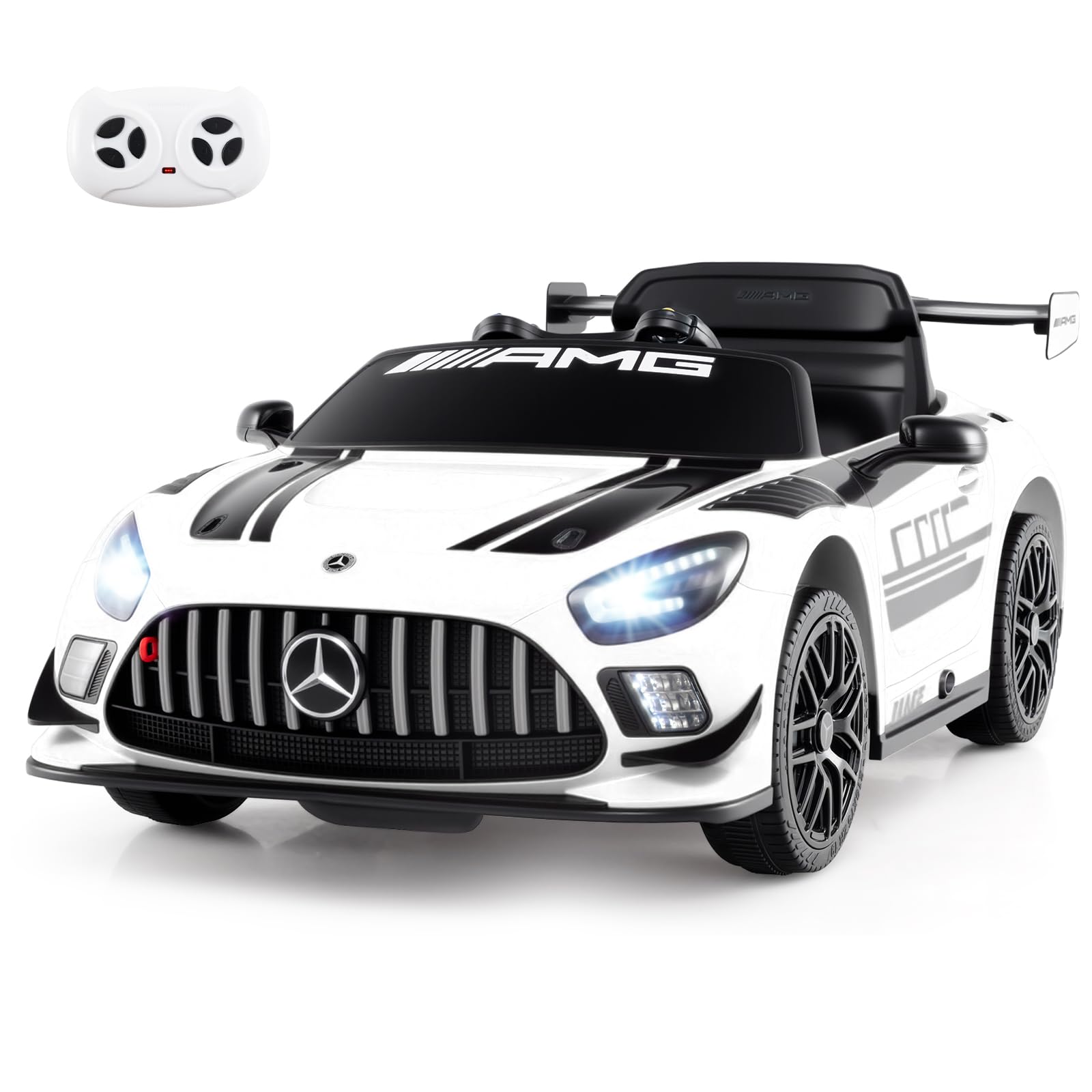 COSTWAY 12V Kids Ride on Car, Licensed Mercedes-AMG GT3 Electric Toy Vehicle with Remote Control, 3 Speeds, LED Lights, Music, Wireless, Transport Wheels, for Boys Girls Ages 3+ (White)
