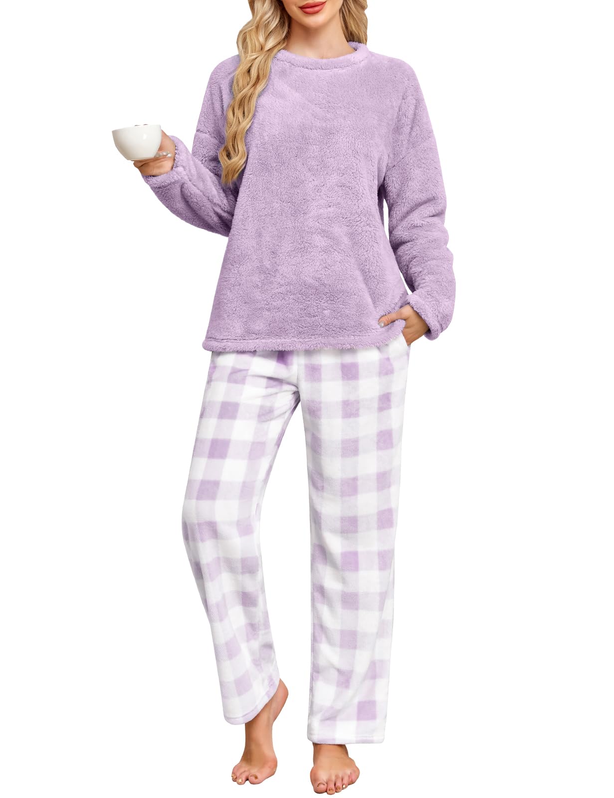 Niwicee Pijama para Mujer Invierno Conjunto de Pijama Forro Polar Super Suave Ropa de Dormir 2 Piezas Damas Ropa de Noche Manga Larga cálida y Pantalones Largos con Bolsillo Pijama para Navidad