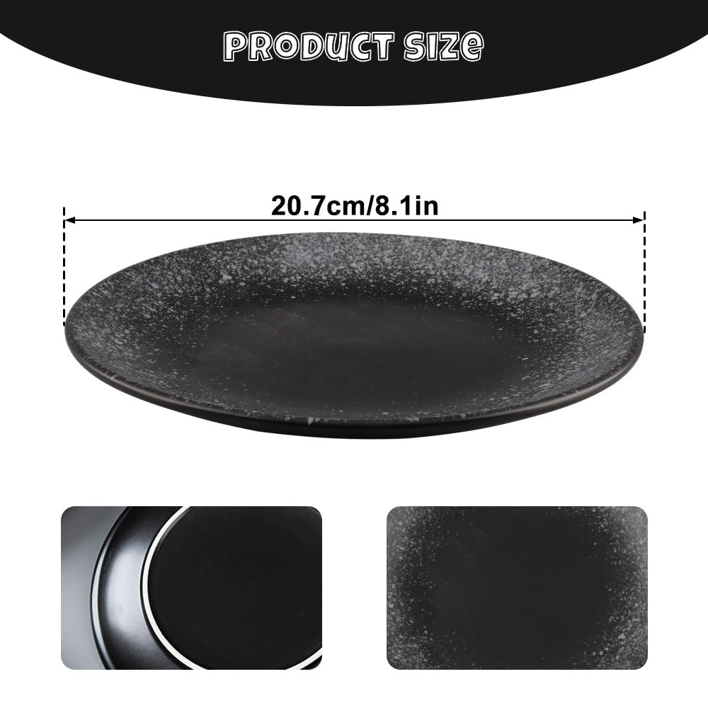 Lot de 4 Assiettes Plates Rond Assiette Porcelaine 20,7 x 2,2 cm Assiette Creuse Noir Assiettes Service de Table pour Nouilles, Salades, Dessert