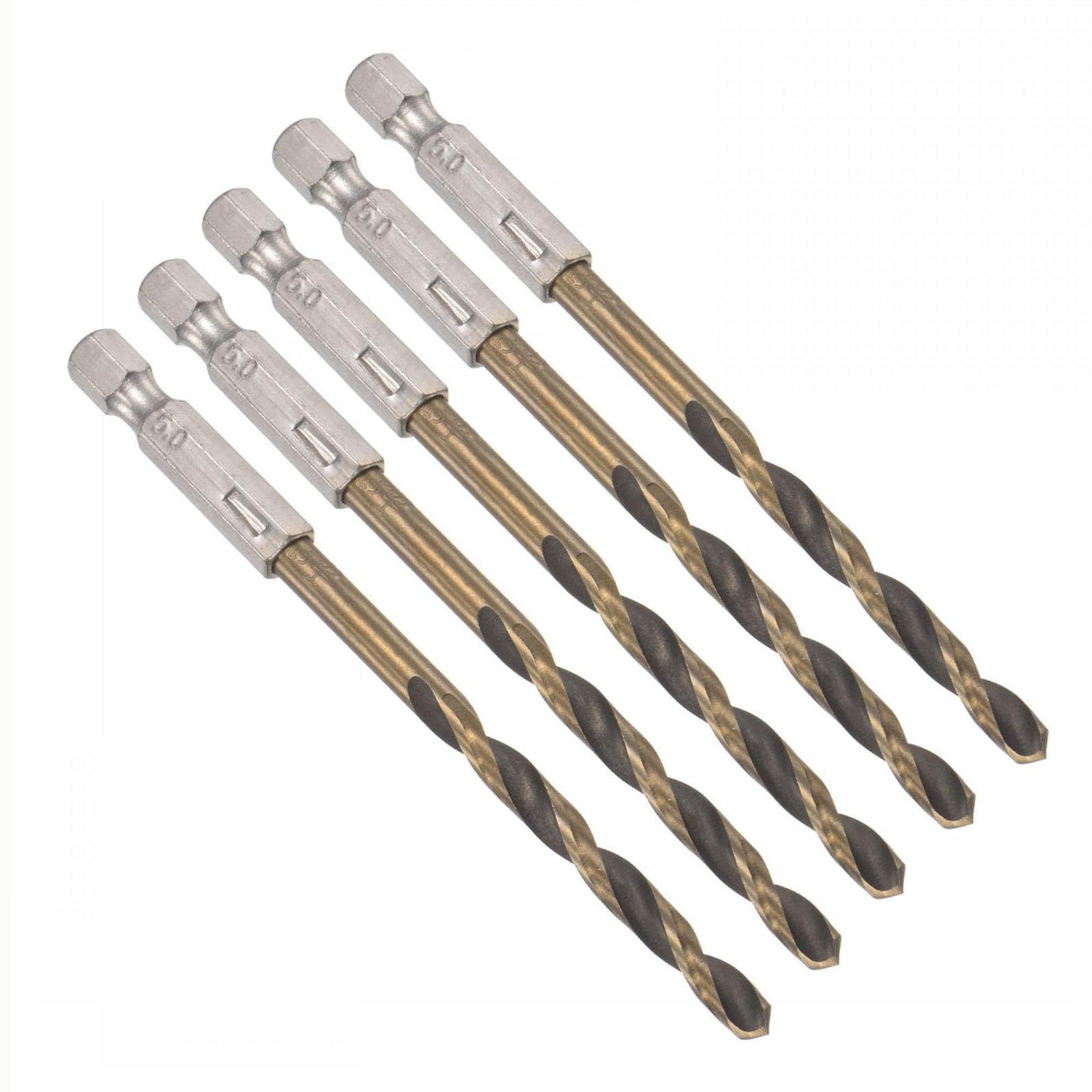 TOP-VIGOR 5Pcs 4.8mm HSS Hex Shank Twist Drill Bits, High Speed Steel Drill Bit Set 1/4 Inch Shank
