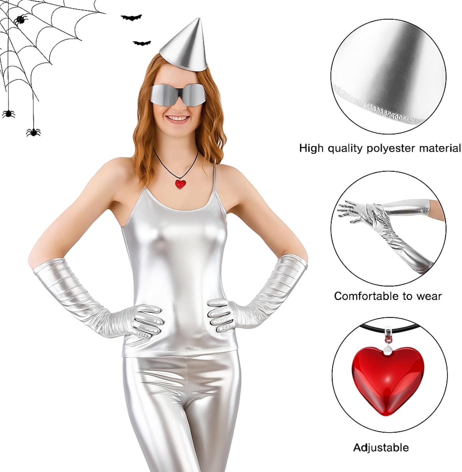 Jecery 4 Set Halloween Funnel Hat Tin Costume Accessory Includes Tin Silver Funnel Hat Headband Gloves Glasses Red Heart Necklace for Adult Women Halloween Cosplay Party Props