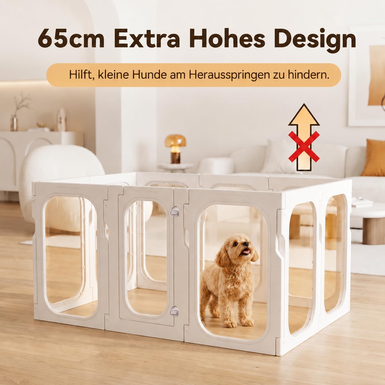 Welpenauslauf 65 cm hoch, transparenter Laufstall Hund mit Tür, tragbares Haustiergehege, 10 Paneele, für kleine bis mittelgroße Hunde, Innen und geschützter Außenbereich