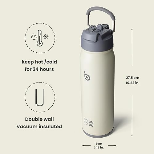 Miniatura 5 de BOTTLE BOTTLE Botella de agua deportiva de 24 oz botella de agua aislada de acero inoxidable con popote y soporte para pastillas (gris)