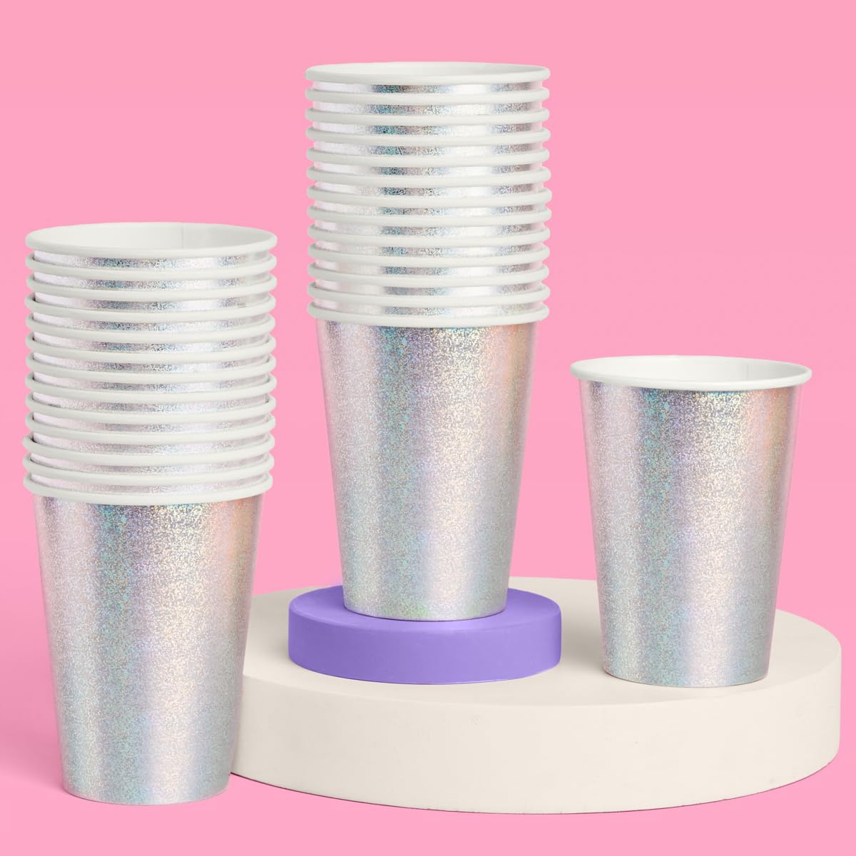 xo, Fetti Silver Iridescent Shimmer Paper Cups | 50 pcs 12 oz | Holographic Bachelorette Party Drinkware, Birthday Tablescape Supplies, NYE Disco Rave