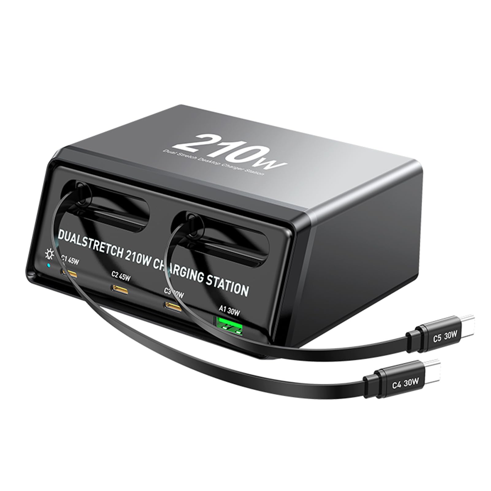 Blok ładowarki USB C 210 W, 6-portowy, Zwijany Kabel (Wtyczka UE)