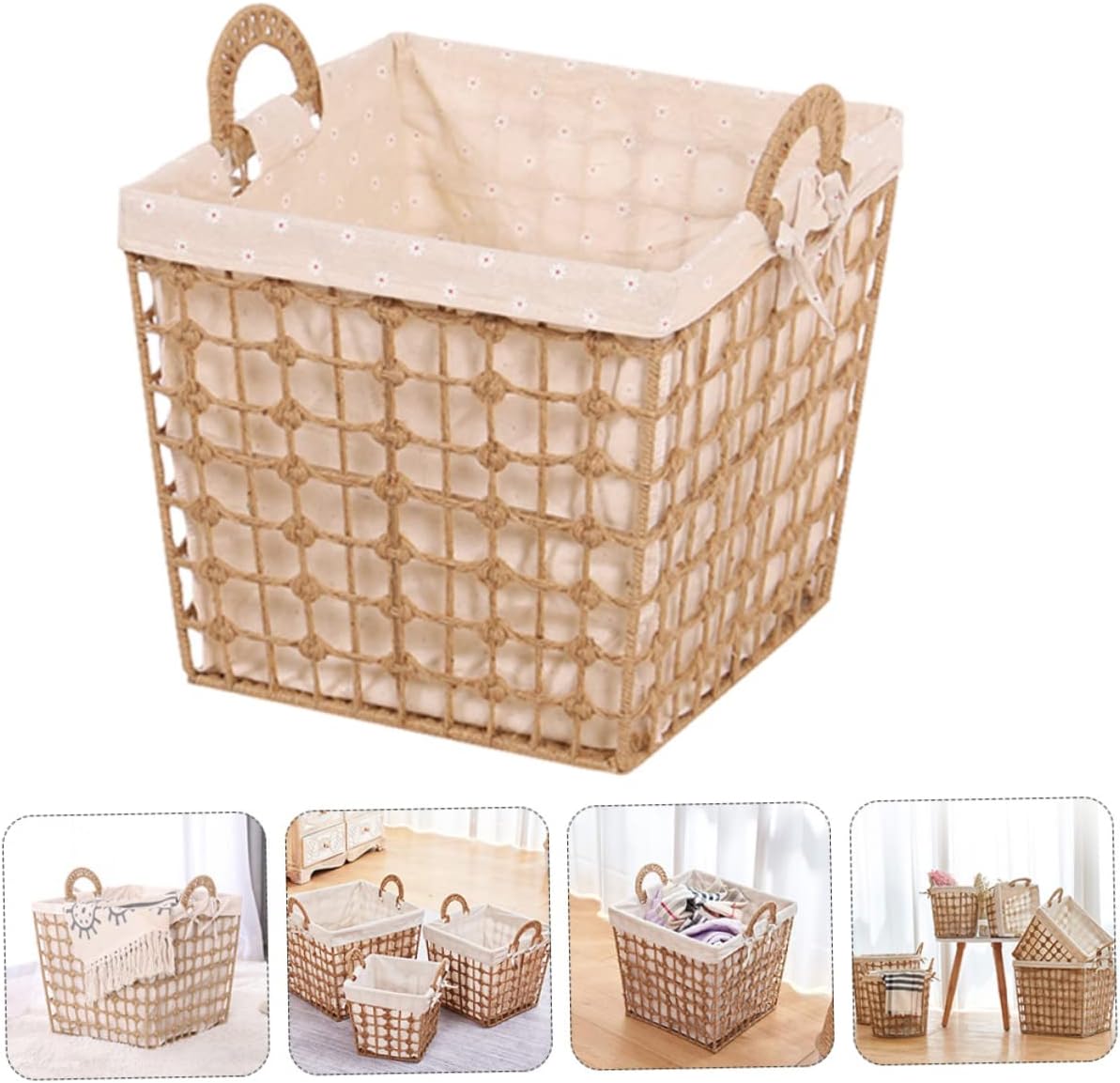 ABOOFAN Woven Hemp Rope Laundry Basket with Handle Portable Dirty Clothes Storage Container for Bathroom Bedroom Dorm and Closet Small Square Practical Organizer