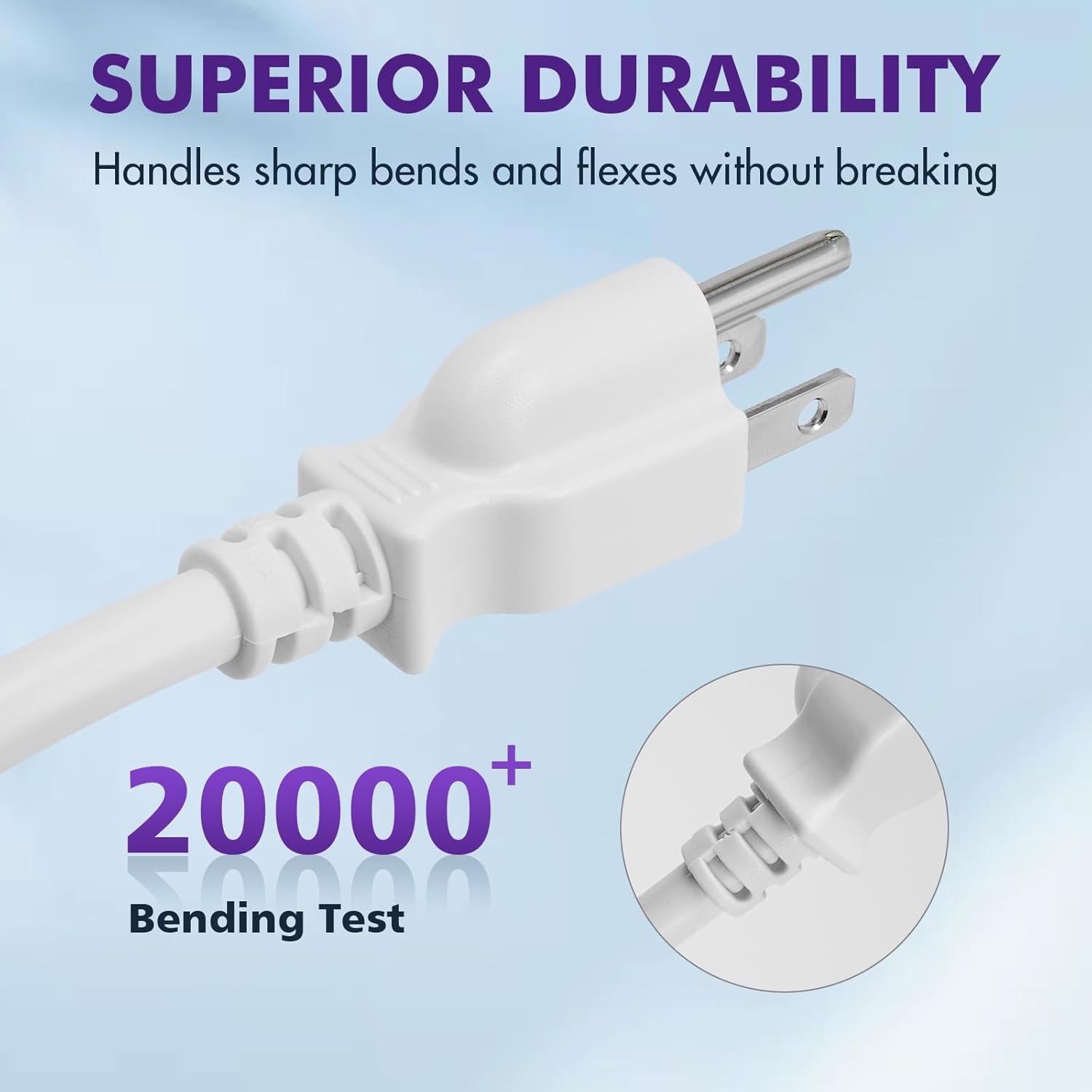 POWERCORDS Heavy-Duty Extension Cord, 3-Prong Outlet Saver, NEMA 5-15P to NEMA 5-15R, Long Power Extension Cord 1625W 13A 16 AWG, UL Listed, White, 50 ft
