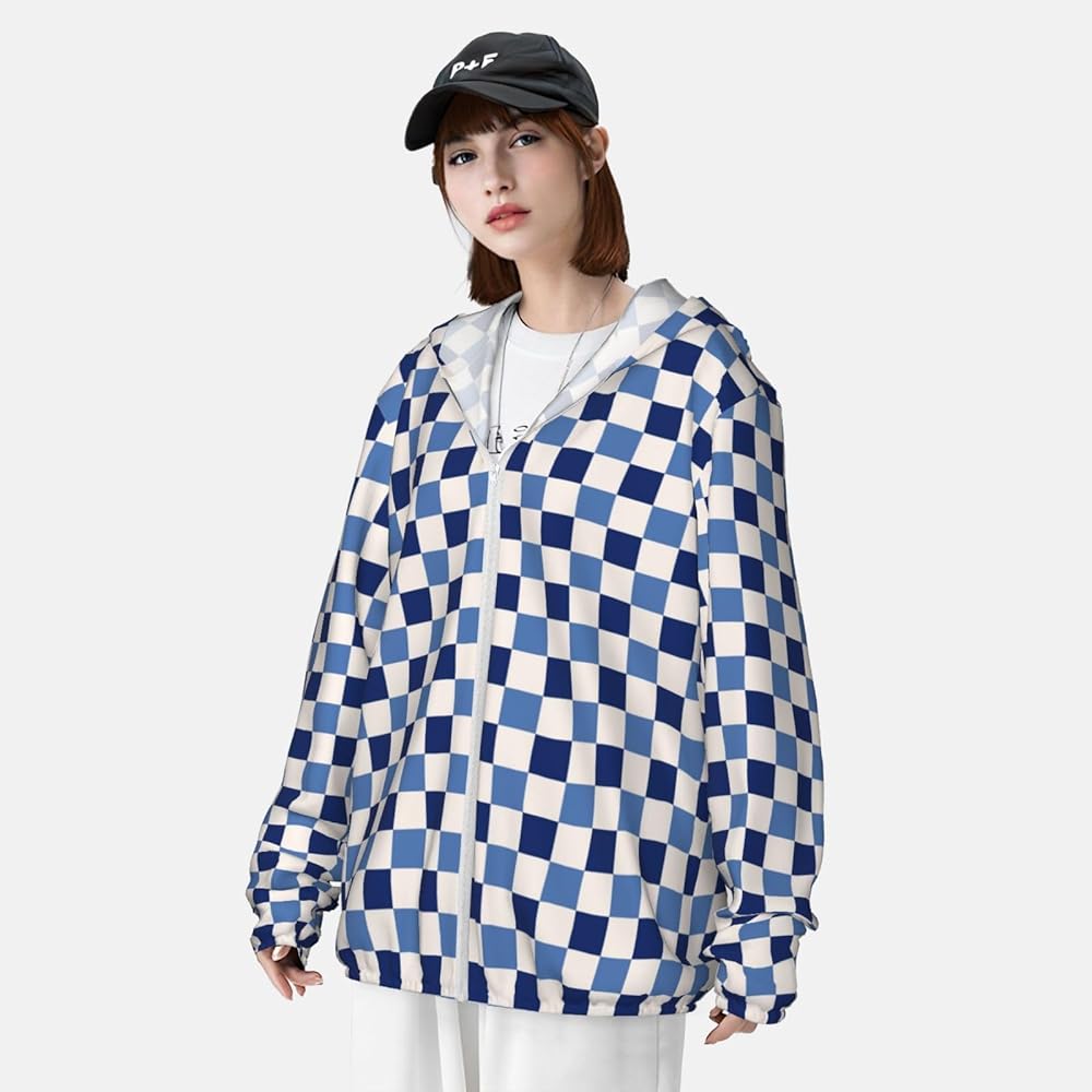 Blue and White Plaid Sun Protection Zip Up Hoodie Jacket