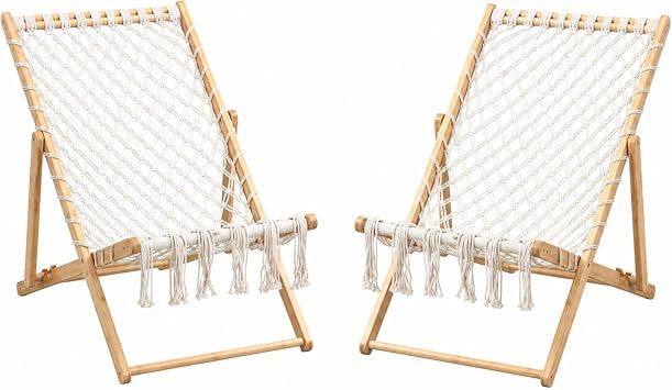 Majnesvon Set of 2 Rope Weaving Chair,Reclining Outdoor Chair with Boho Fringe Handwoven Polyester Rope, 3-Position Foldable Seating for Garden Balcony Beach Camping