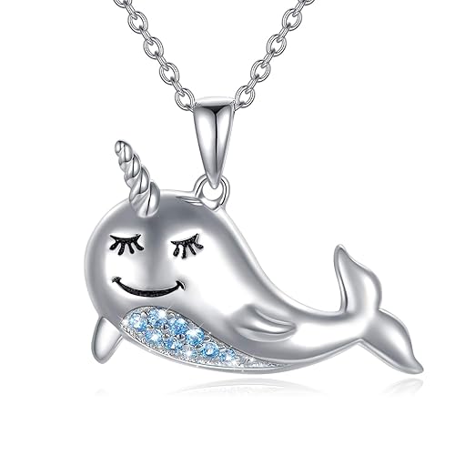 POPKIMI Narwhal Necklace Sterling Silver Crystal Narwhal Jewelry Tiny Silver