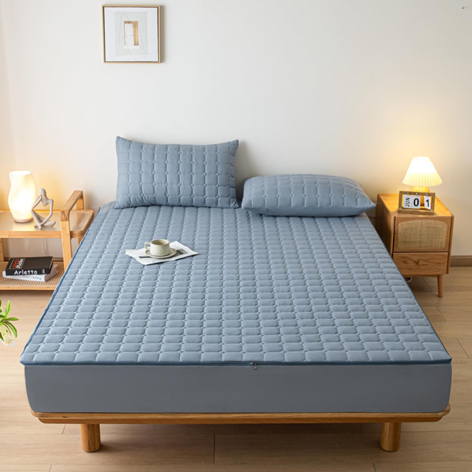als Matratzenschutzbezug geeignet ，Weiche Matratzenauflage Abdeckung，Verdickt Waschbar Matratzenschutzbezug， Nässeschutz Matratzenbezug-Blue- 90x200+5cm
