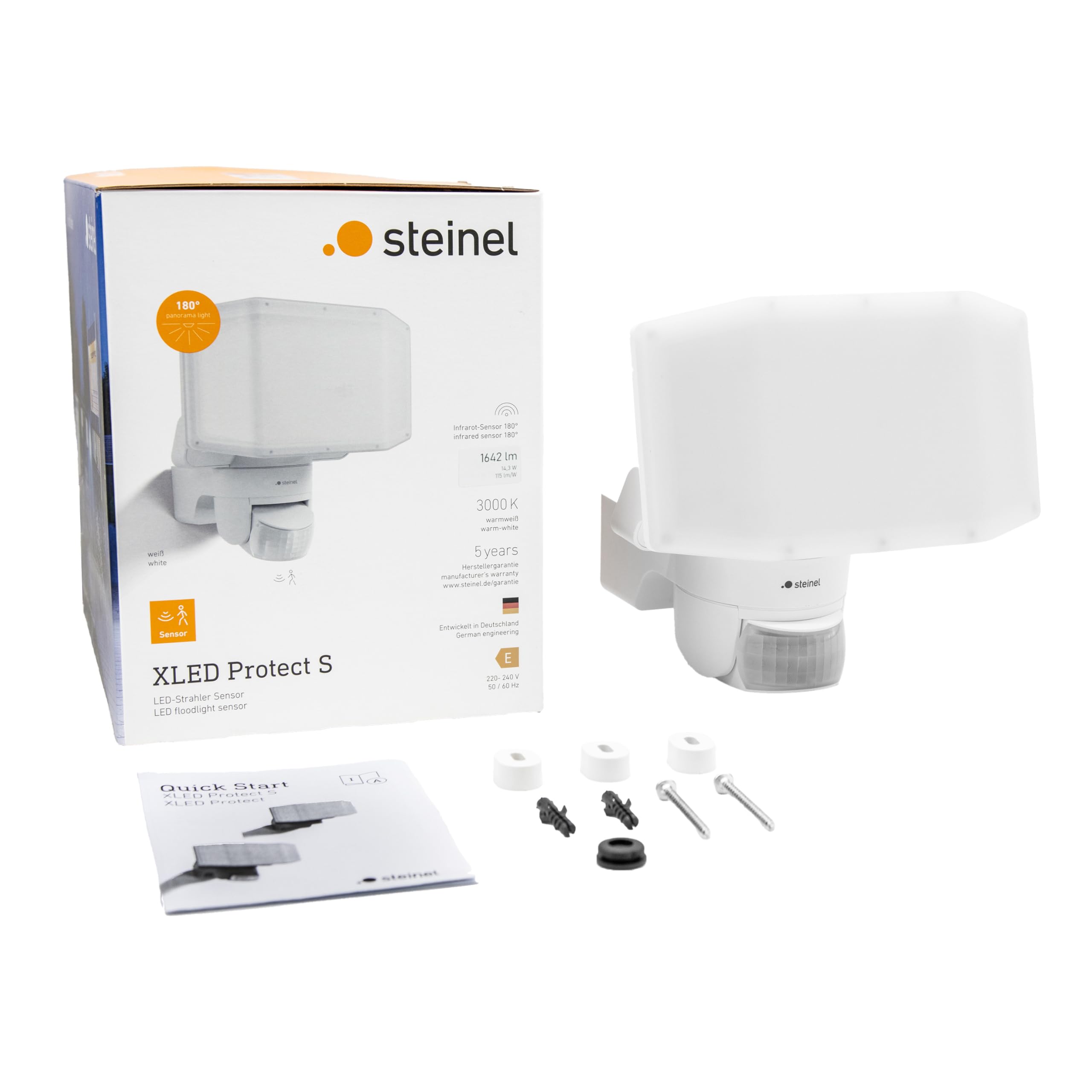 Steinel XLED Protect S reflektor zewnętrzny LED biały | czujnik ruchu 180°, 3000 K ciepła biel, 14,3 W, IP54, do garaży, ogrodów