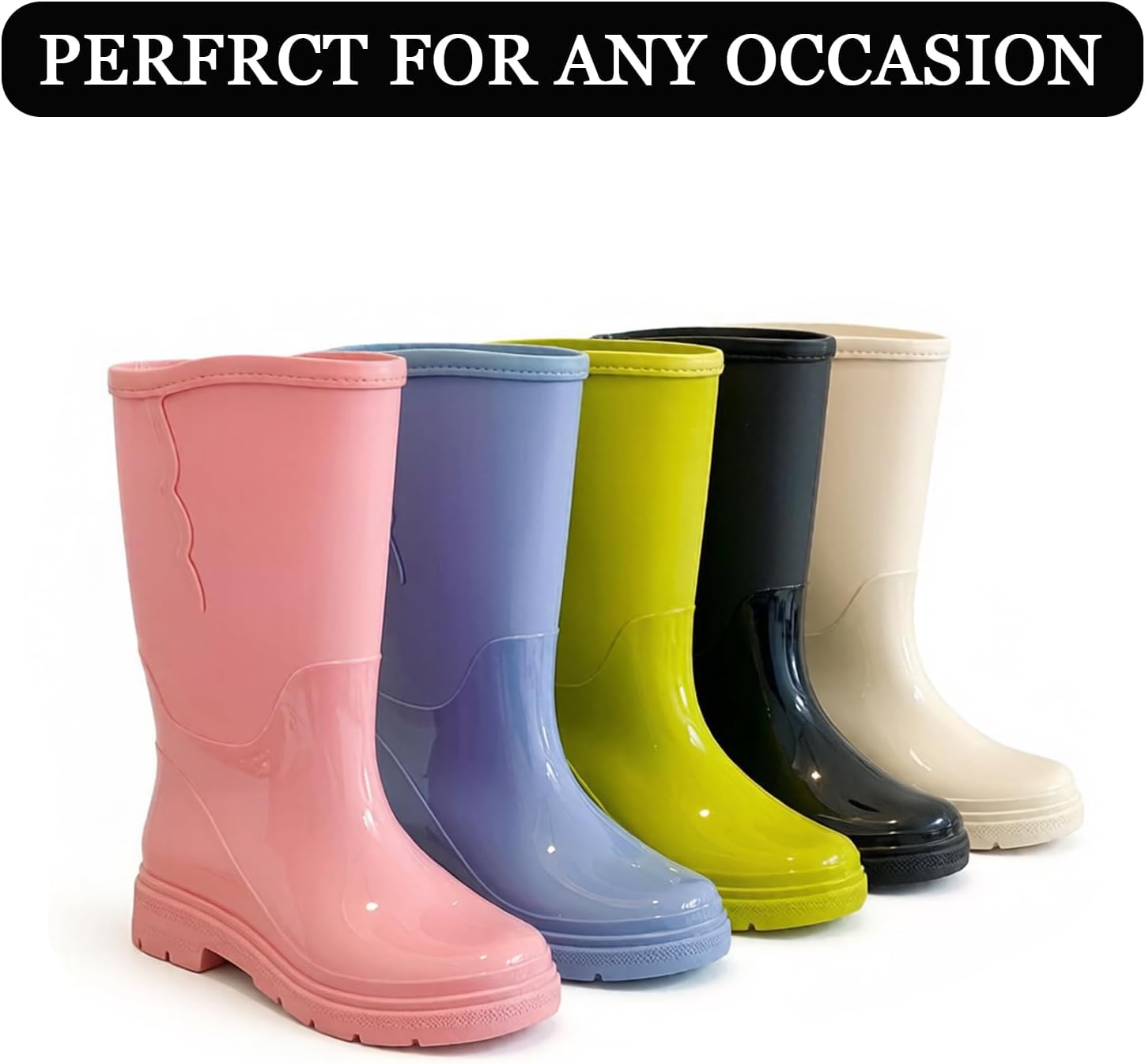 Women's Round Toe PVC Mid Calf Rain Boots Fashion Lightweight Waterproof Comfortable Slip On Non Slip Outdoor Garden Boots Shoes for Yard Farm Work