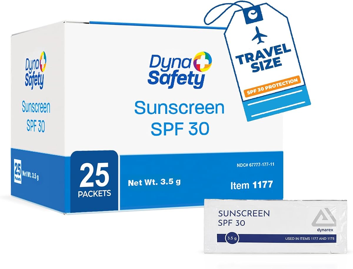Dynarex DynaSafety Sunscreen - SPF 30-3.5 g Packets - Paraben-Free - Single Use, Travel Size, Sun Protection Lotion with UVA and UVB Defense - 25 per Box