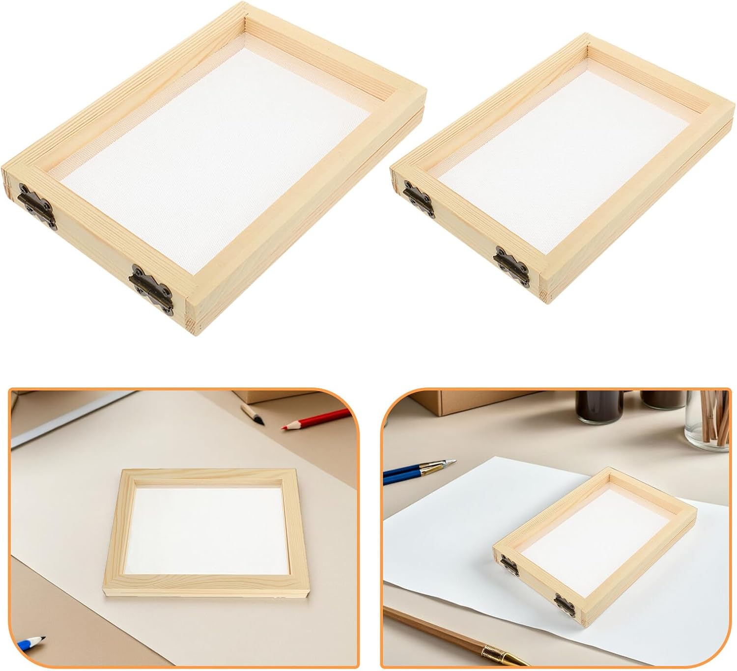 PRETYZOOM 4pcs Wooden Papermaking Deckle Mold Screen Set for DIY Handmade Paper and Dried Flower Crafts, Small and Medium Natural Wood Frames with Mesh for Art and Craft Projects