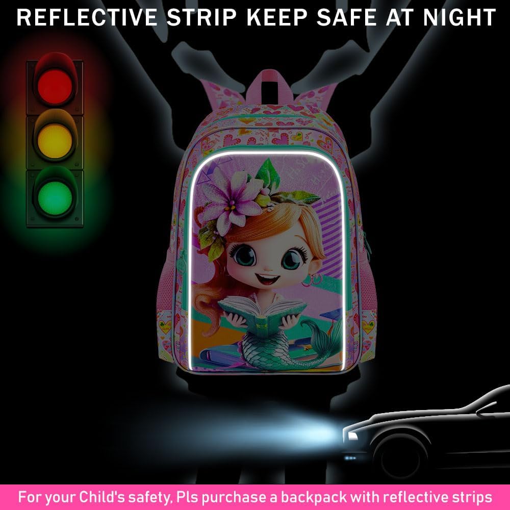 gxtvo 3PCS Girls Mermaid Bookbag Set, 16" Kids Backpack with Lunch Box, Water Resistant School Bag for Elementary Preschool Toddler - Reading Mermaid Pink