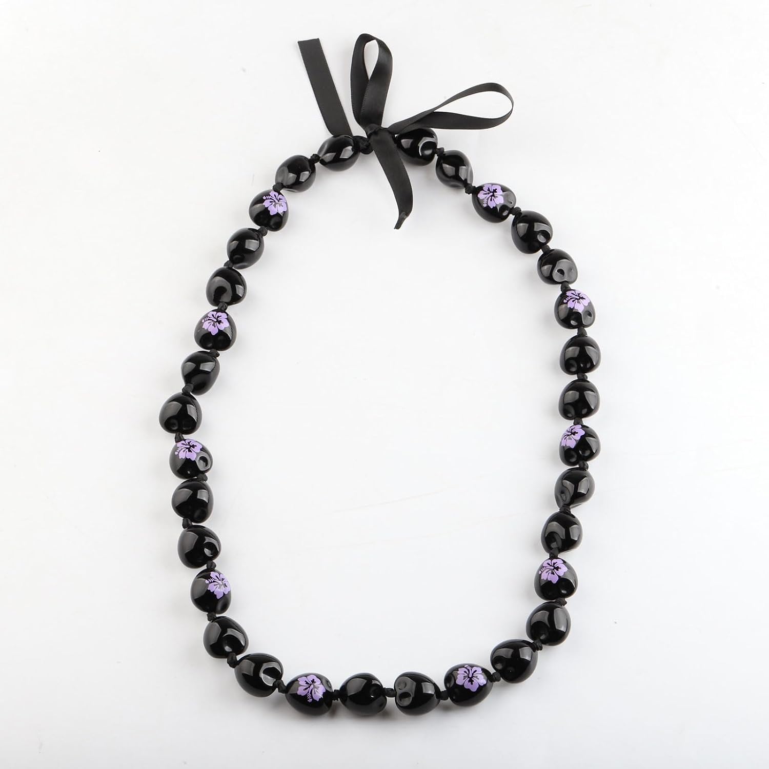BNQL Chunky Hawaiian Kukui Nut Lei Necklace with Ribbon Bow Closure Graduation Gift image 3