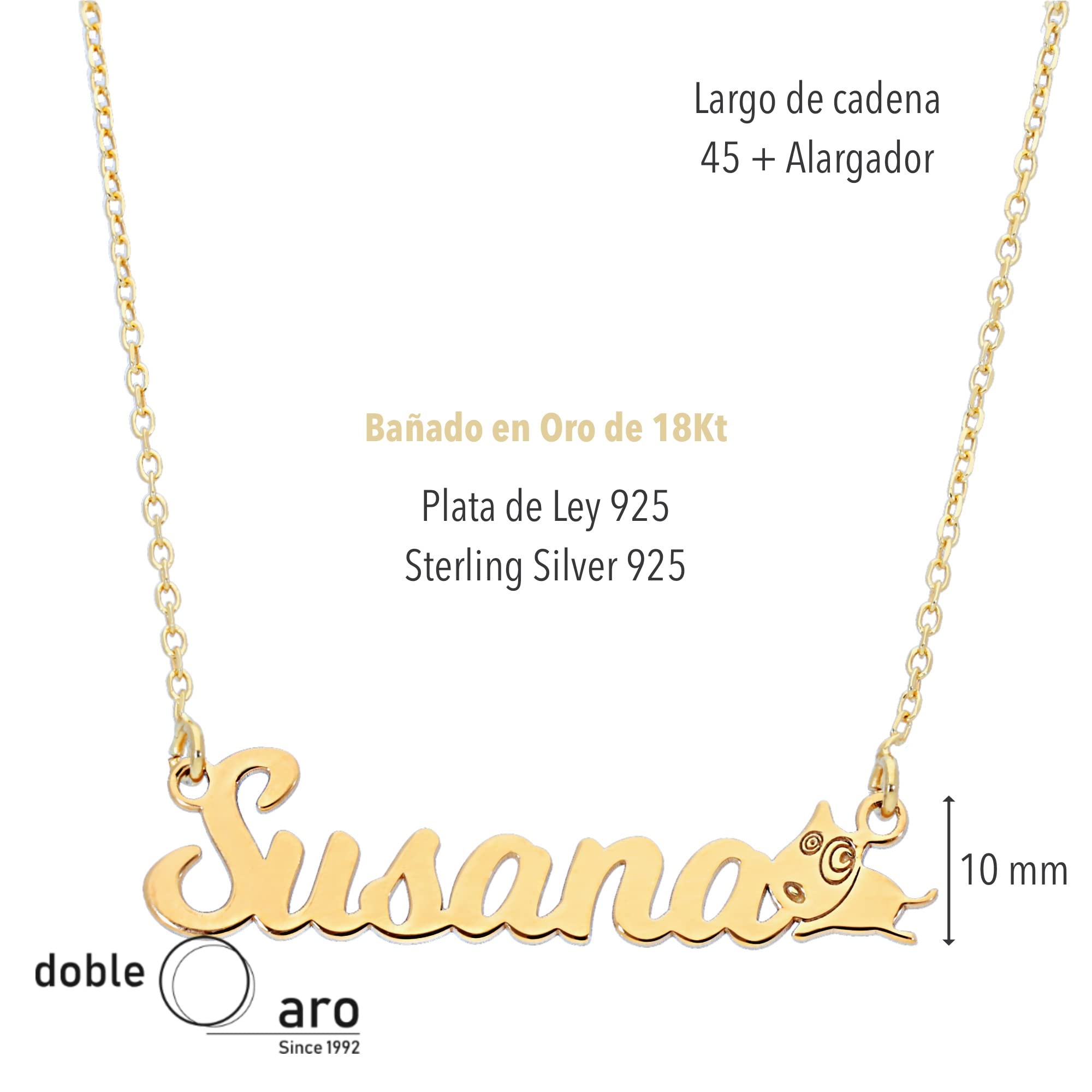 Colgante Personalizado con Nombre - Plata de Ley 925/1000 para Mujer – Collar Artesanal con Cadena Ajustable - Hecho en España (Modelo Dog Oro, Plata de Ley)