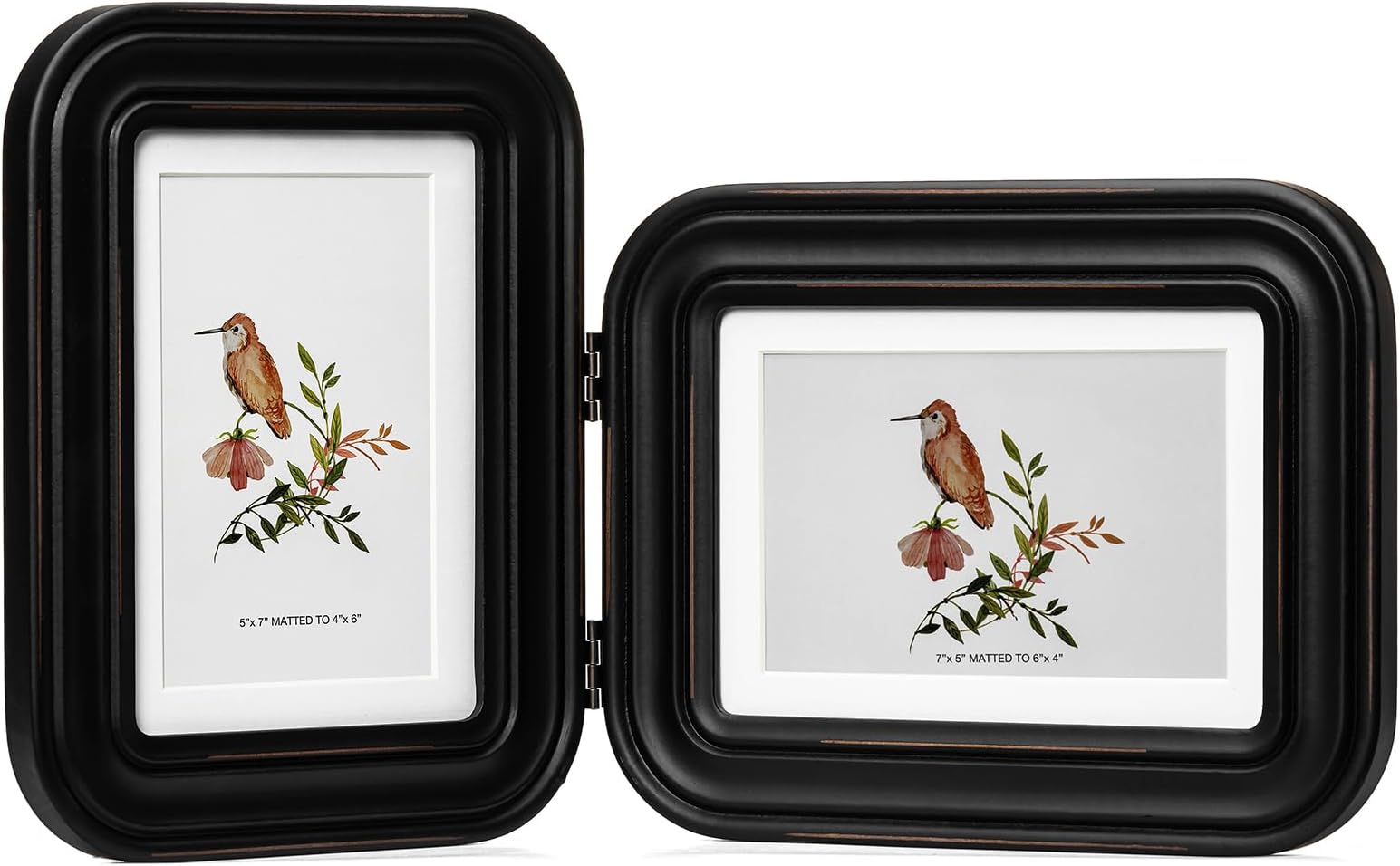 5x7 Double Hinged Picture Frame, 2 Folding Photo Frame, Solid Wood with Real Glass, Display Pictures 4x6 with Mat or 5x7 without Mat, Vertically or Horizontally on Table Desktop, Black