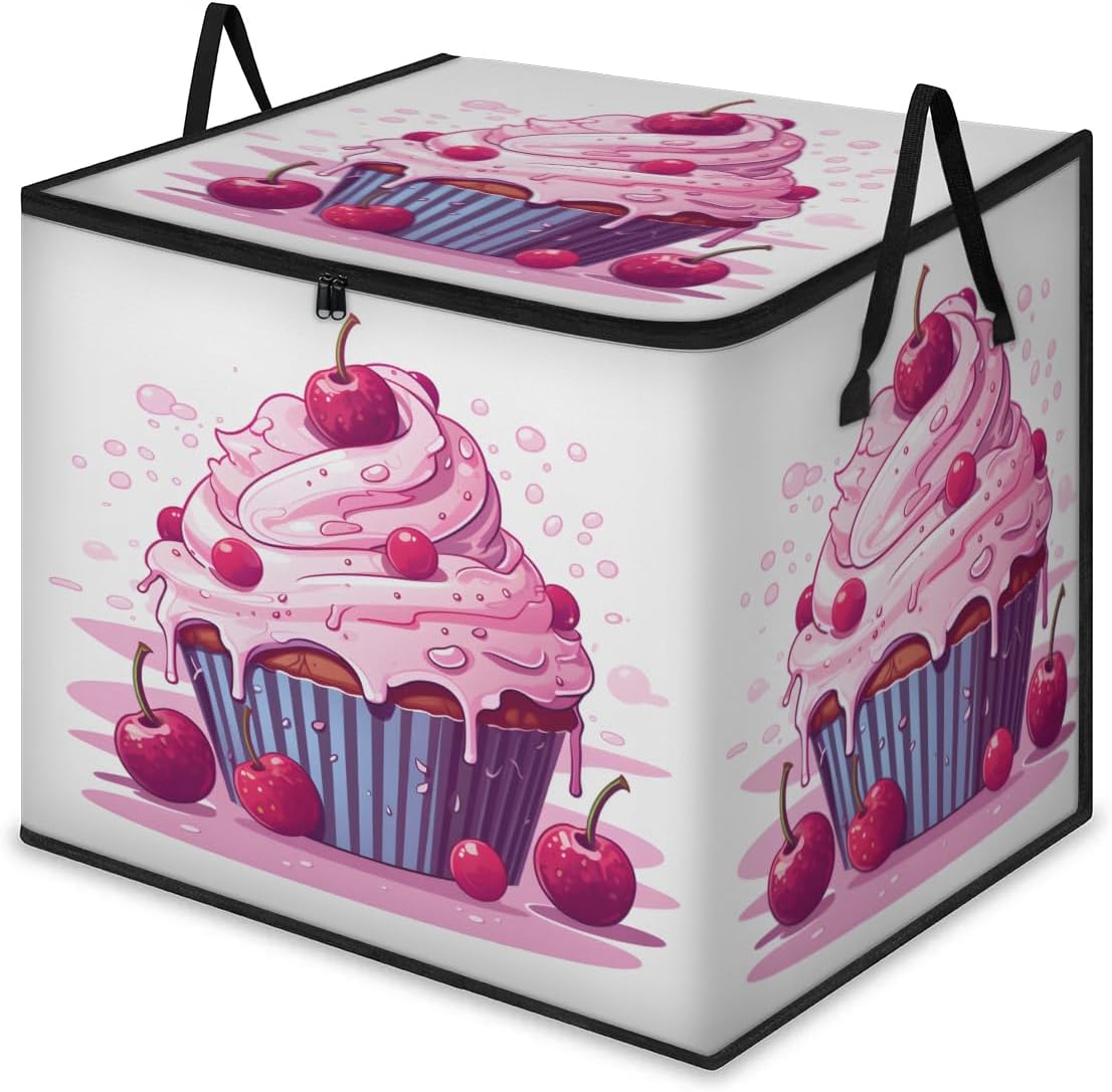 Honeybaby 214L Extra Large Comforter Storage Bag Cherry Cup Cake Storage Totes with Lids Waterproof Closet Organizer Folding Blanket Storage Bags for Clothes Bedding Pillows